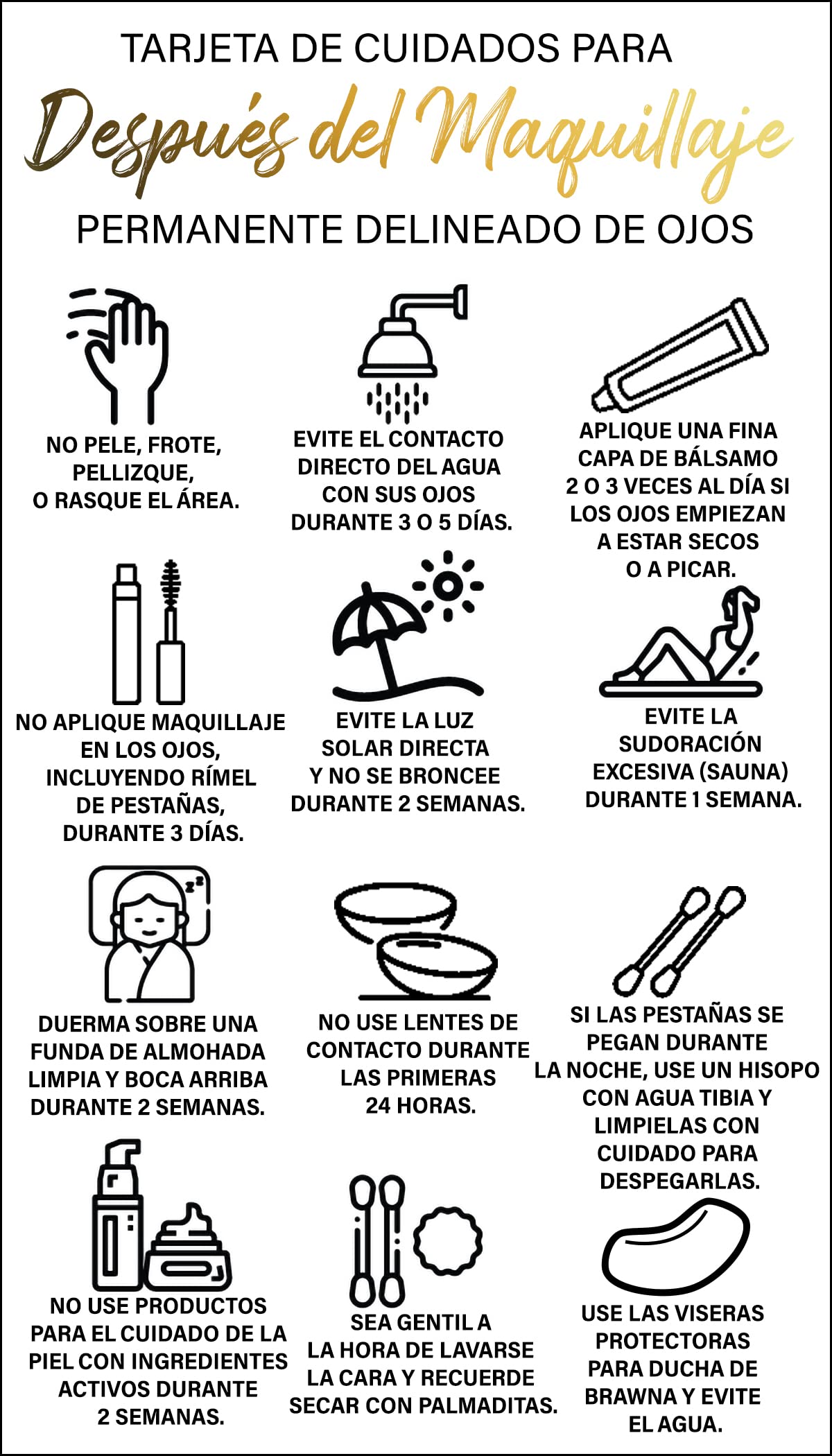 BRAWNA 100 Pack Spanish PMU Eyeliner Aftercare Thank You Cards - Permanent Makeup Aftercare Cards for Microblading & Eyeliner Tattoo - Black - Perfect for PMU Artists & Clients (Salon Use, Client Gifts, Aftercare Reminders)