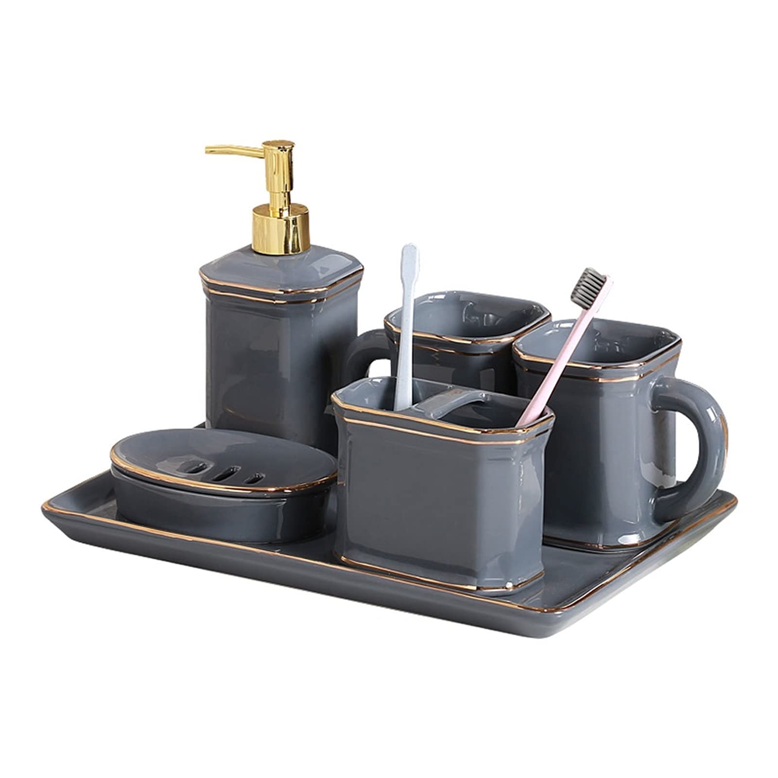 Liushop 6-Piece Bathroom Accessories Set - Soap Dispenser, Toothbrush Holder, Tumbler, Soap Dish & Tray | Modern Gray Countertop Organizer for Bathroom, Kitchen, or Guest Room Decor