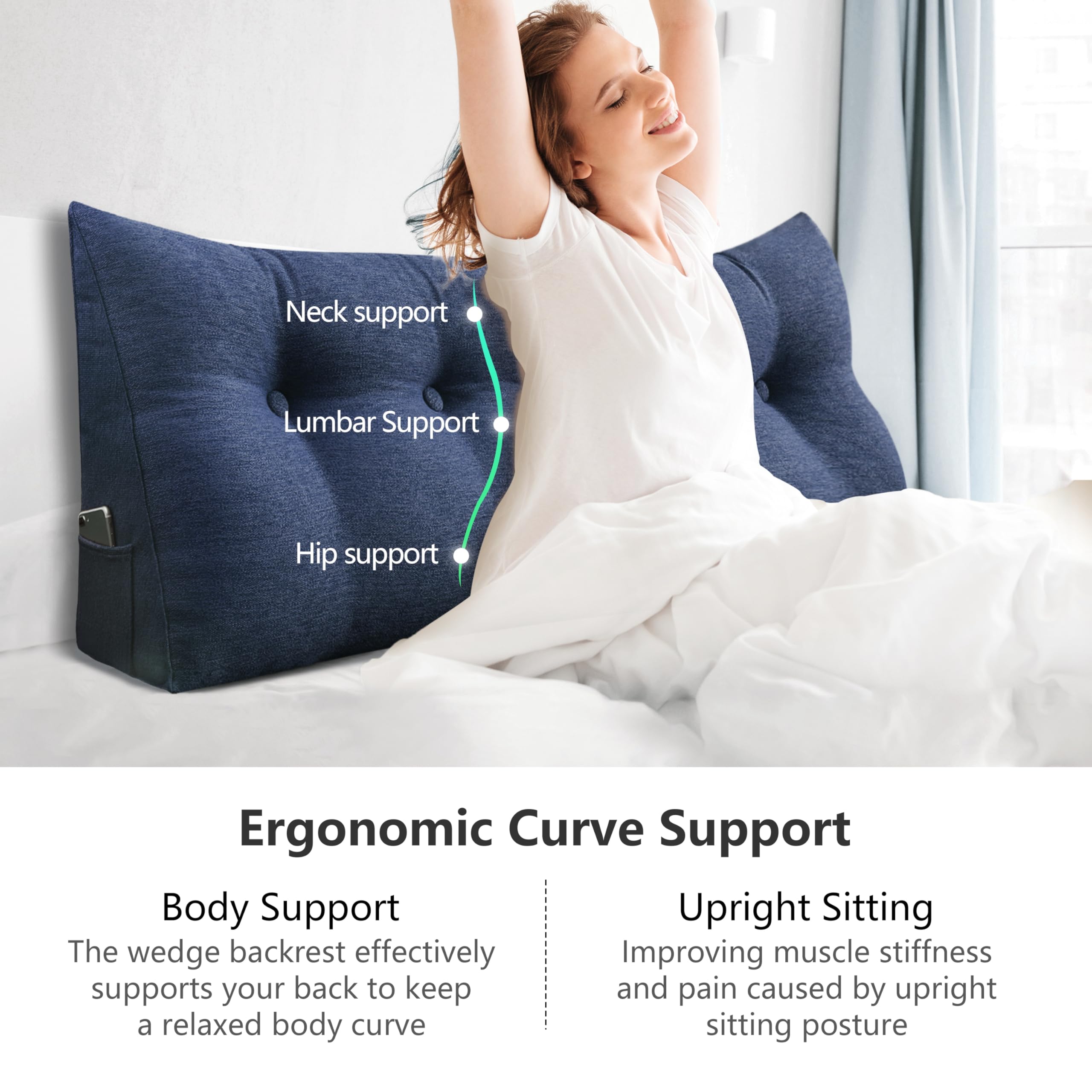 **Wedge Pillow for Sitting Up in Bed - Large Triangle Backrest & Lumbar Support Pillow for Adults, Couch, Daybed - Blue (Full Size) - Perfect for Reading, Relaxing & Posture Support**