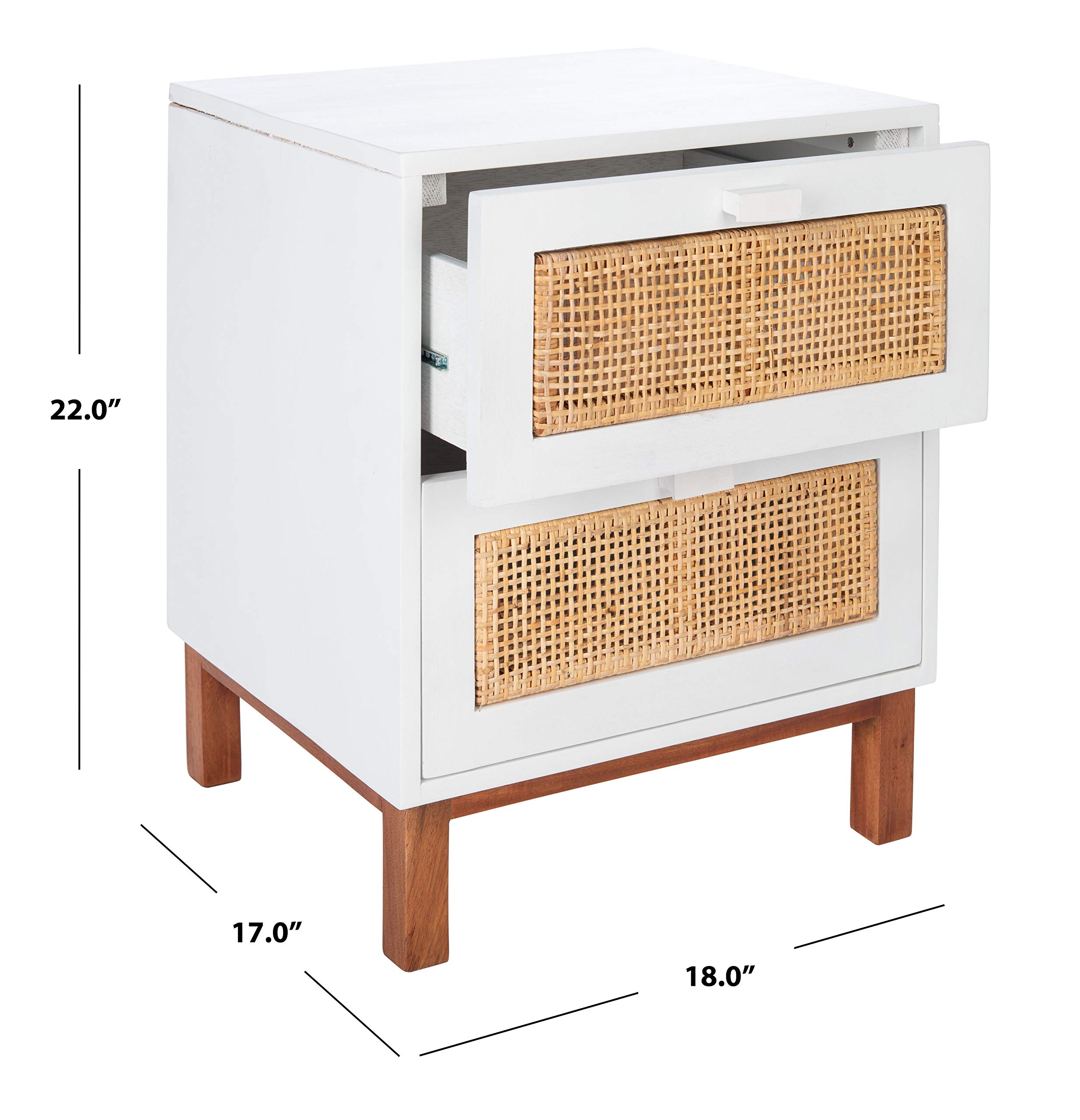 SAFAVIEH Home Collection Erica White & Natural Rattan 2-Drawer Nightstand - Modern Bedside Table for Bedroom Decor & Storage