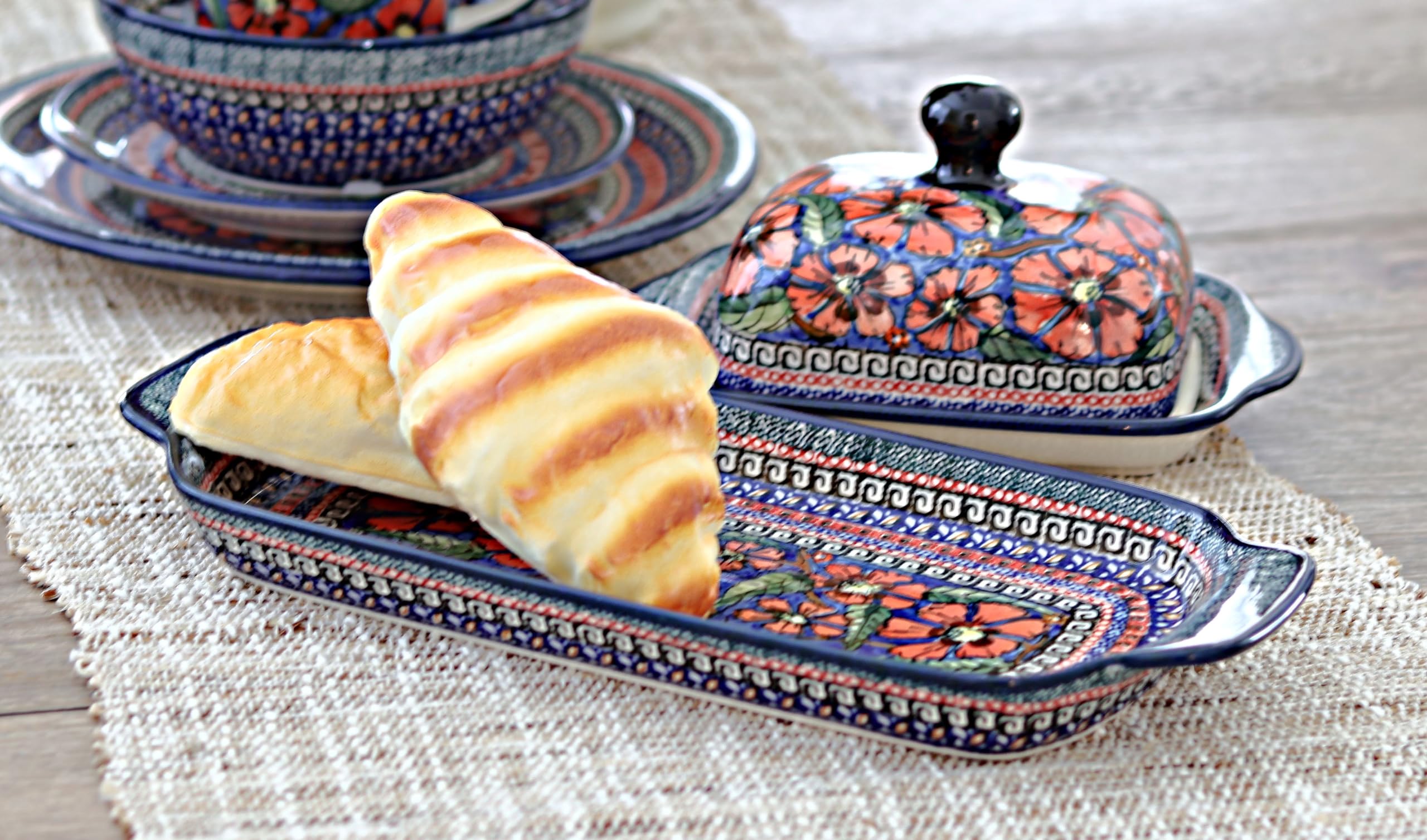 Handmade Blue Rose Polish Pottery Jungle Flower Bread Tray with Handles - Elegant Serving Platter for Breakfast, Brunch, and Tea Parties - Perfect for Bread, Pastries, and Charcuterie Display