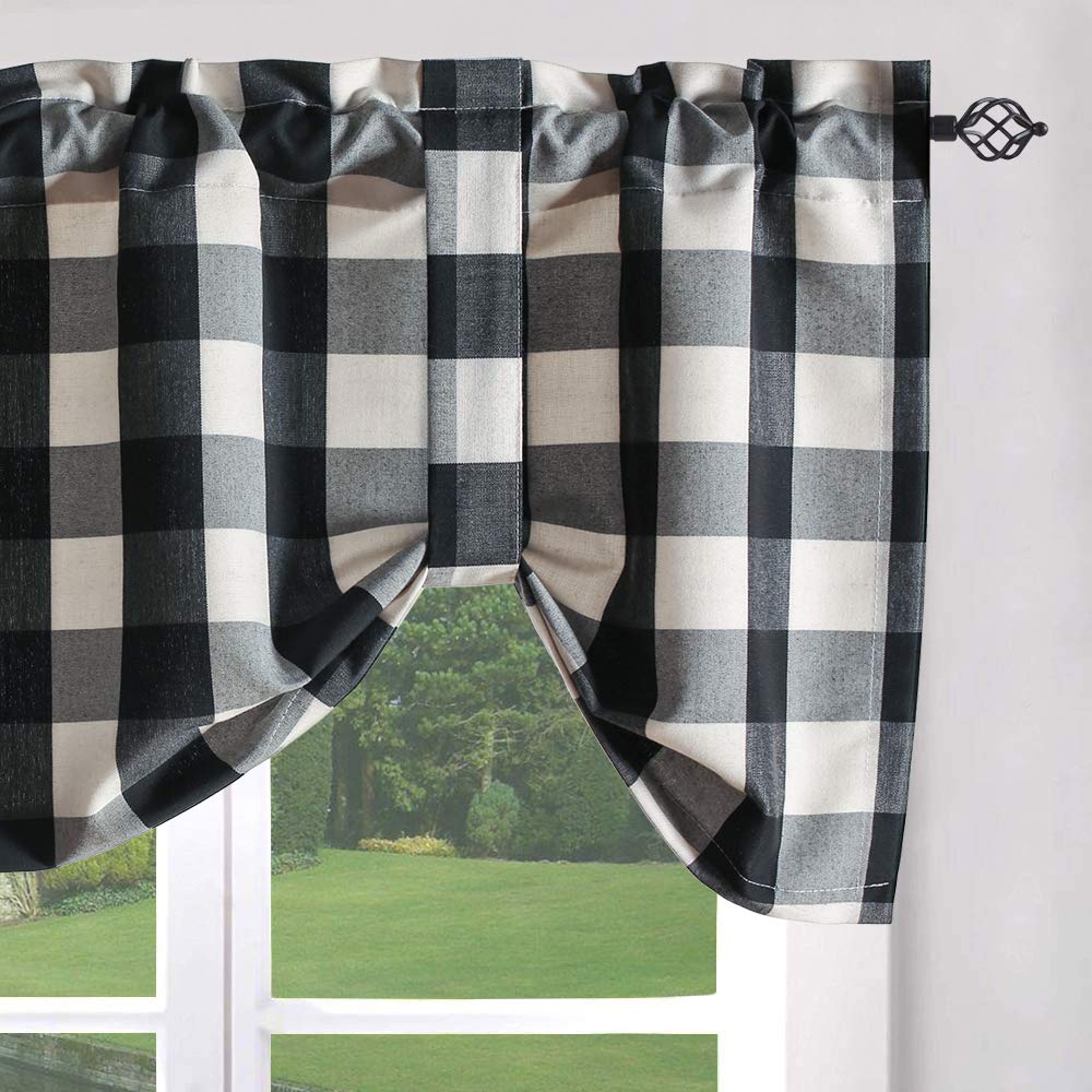 VOGOL Black Buffalo Check Plaid Gingham Window Valances - 52 x 18 Inches Rod Pocket Tie Up Shades for Kitchen & Cafe Curtains - Perfect for Farmhouse, Country Style Home Decor & Cozy Kitchen Windows