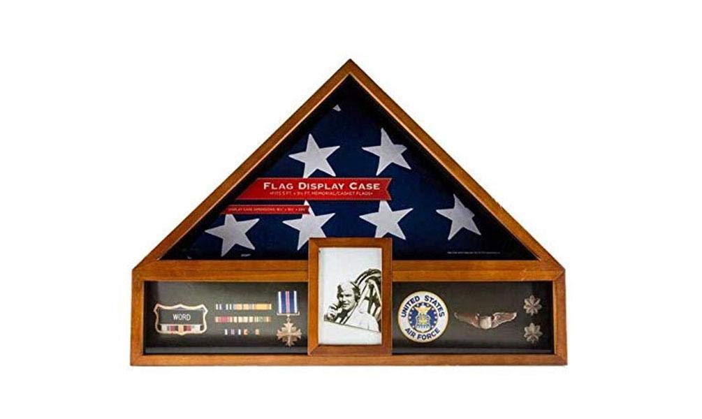 Military Veteran Flag and Medal Display Case - Wooden Shadow Box for American Flag, Medals & Memorabilia - Perfect for Home, Office & Military Retirement Gifts