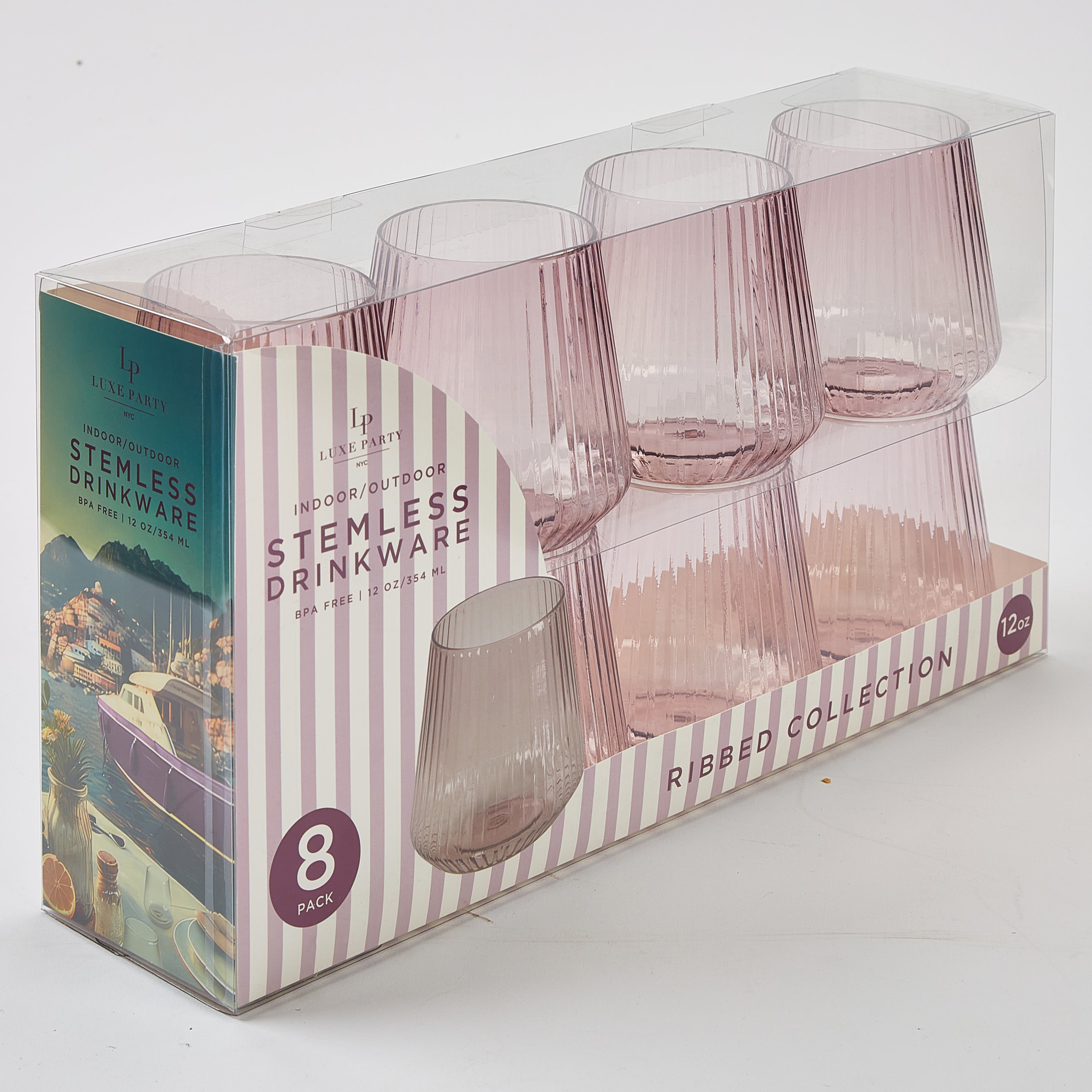 12 oz. Purple Plastic Stemless Ribbed Wine Goblets - 8 Pack Set for Parties, Weddings, and Outdoor Events