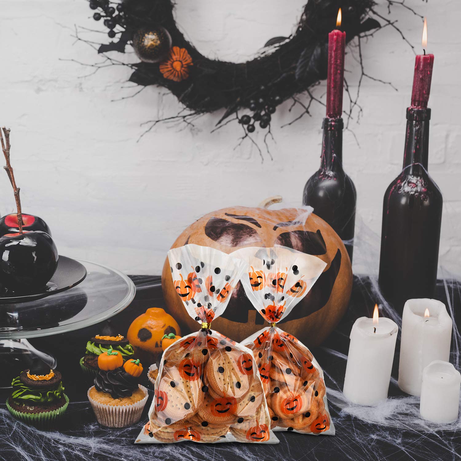 Halloween Pumpkin Print Cone Cellophane Bags - 100 Heat Sealable Treat Bags with Golden Twist Ties for Candy, Party Favors & Gift Giving - Perfect for Trick-or-Treat, Halloween Parties & Classroom Treats