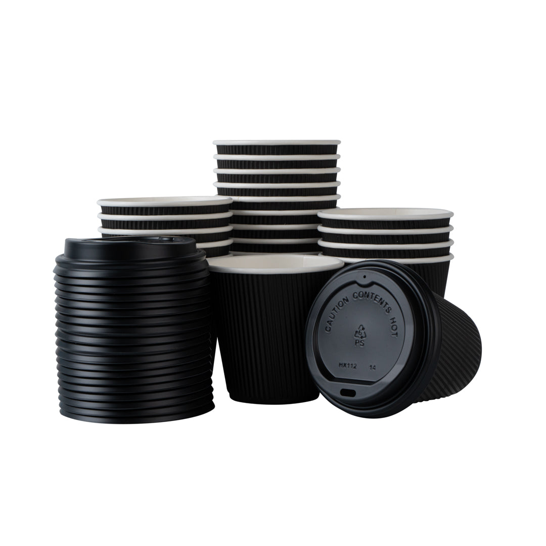 8 oz Black Ripple Wall Paper Coffee Cups with Lids - 20 Count Bulk Pack (3.5