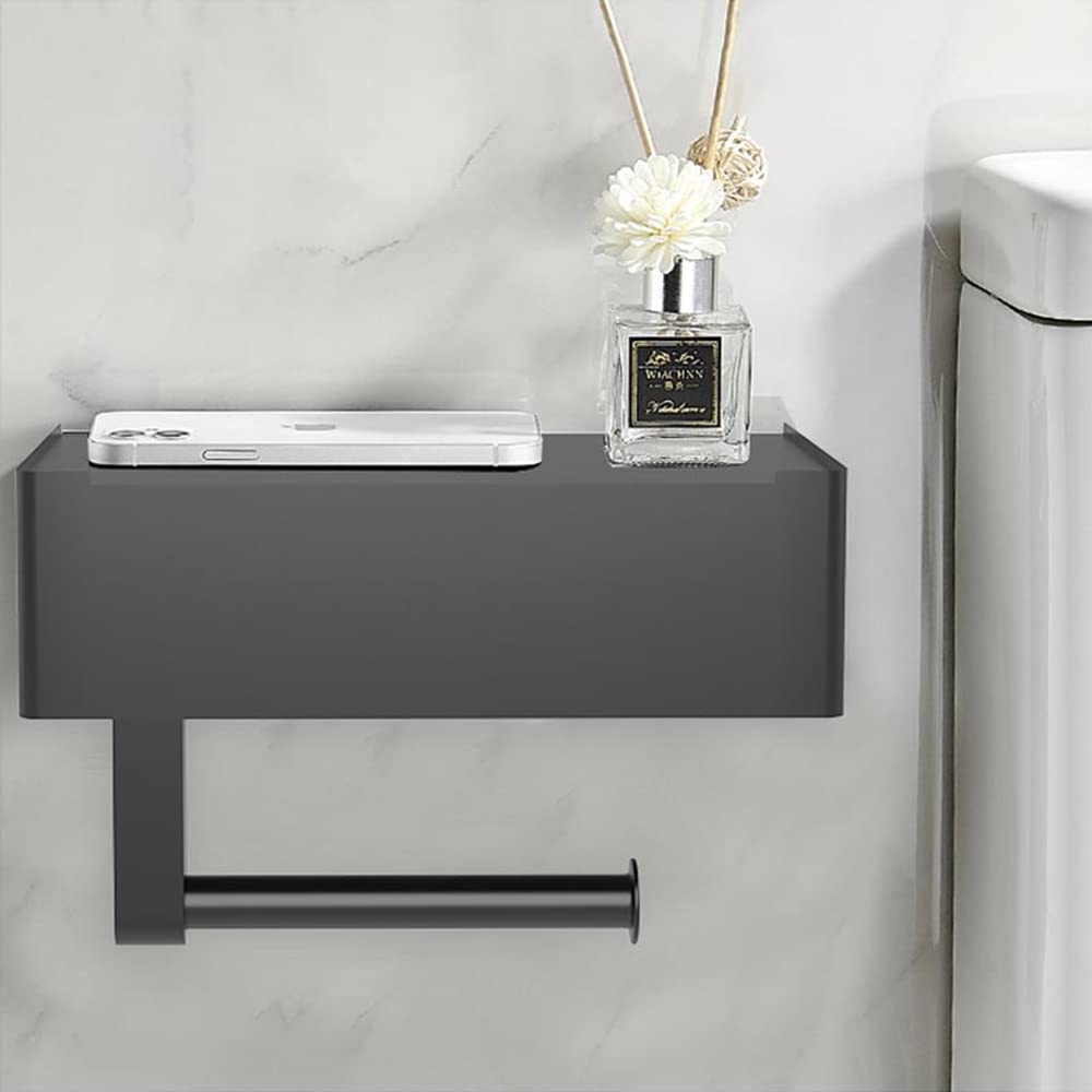 No Drill Toilet Paper Holder with Shelf & Flushable Wipes Dispenser - Wall Mount Bathroom Tissue Storage Organizer for Home, RV, and Office Use