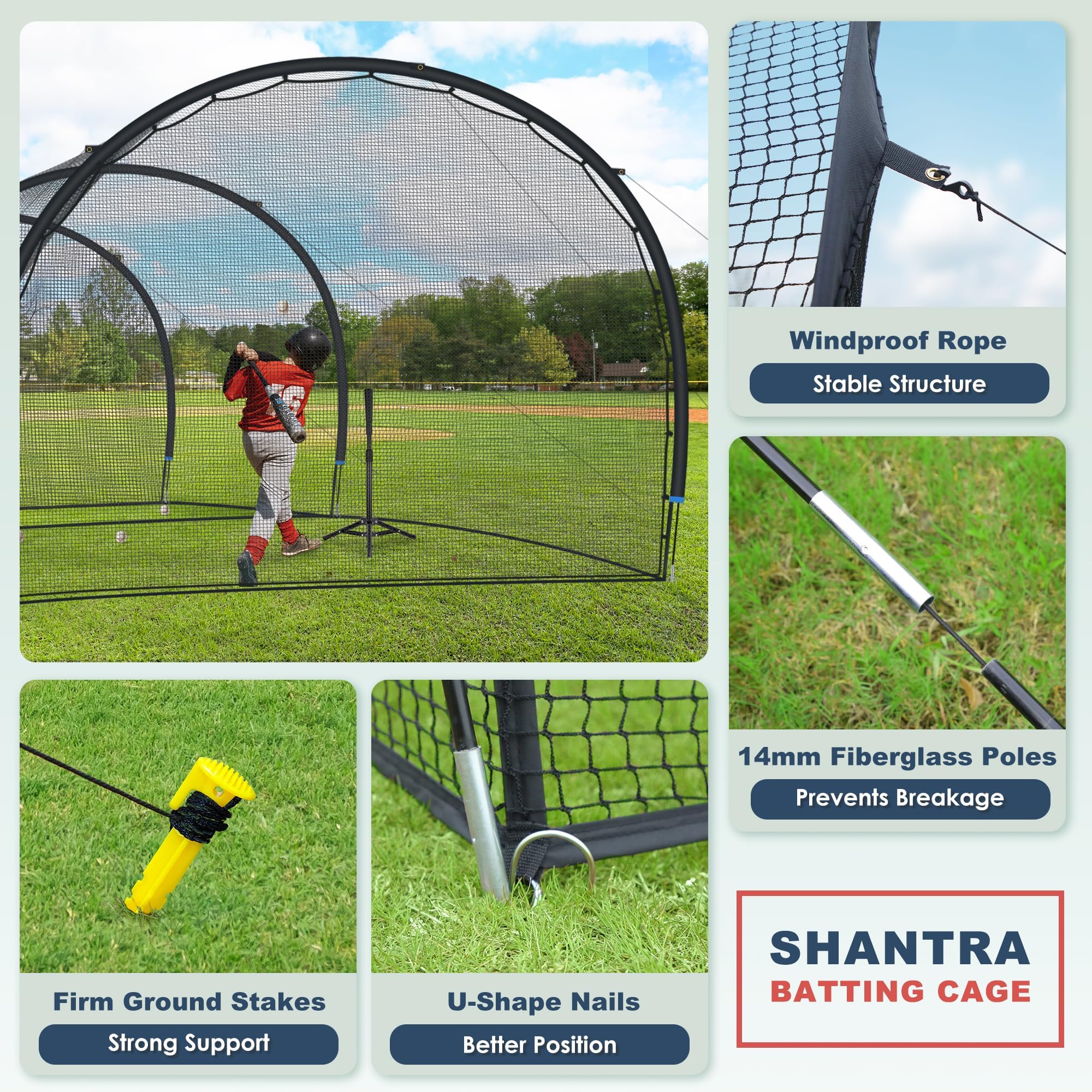 SHANTRA 13FT/22FT/30FT Baseball Batting Cage with Frame & Net - Portable Backyard Hitting Cage for Baseball & Softball Practice | Perfect for Outdoor Hitting Drills, Pitching Training & Backyard Sports (Ideal for Coaches, Players & Home Practice)