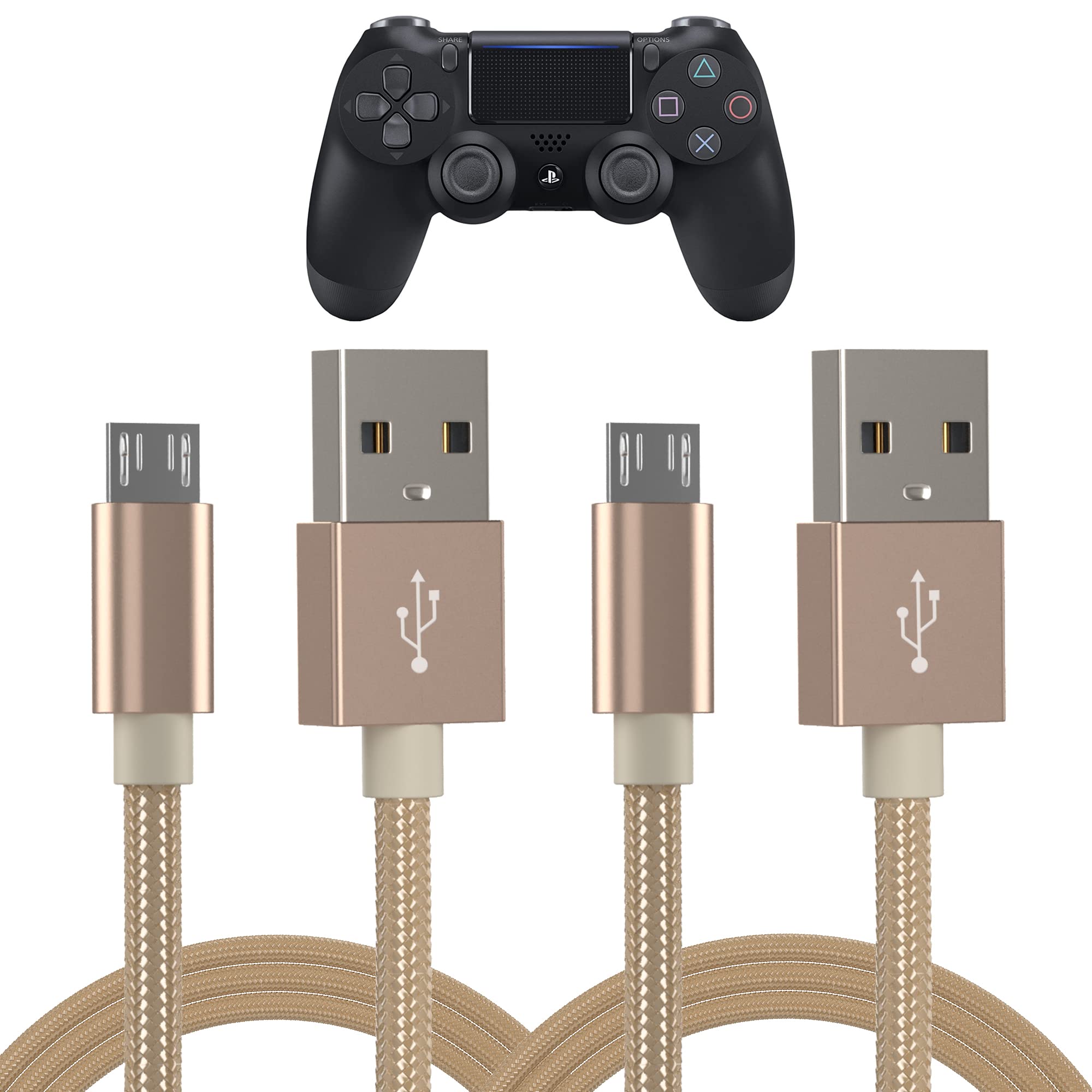 TalkWorks 6ft Nylon Braided Micro USB Charging Cable - Fast Charger Cord for PS4 Controller, Durable & Heavy Duty (Gold, 2-Pack) | Perfect for Gaming Sessions & Long Playtime