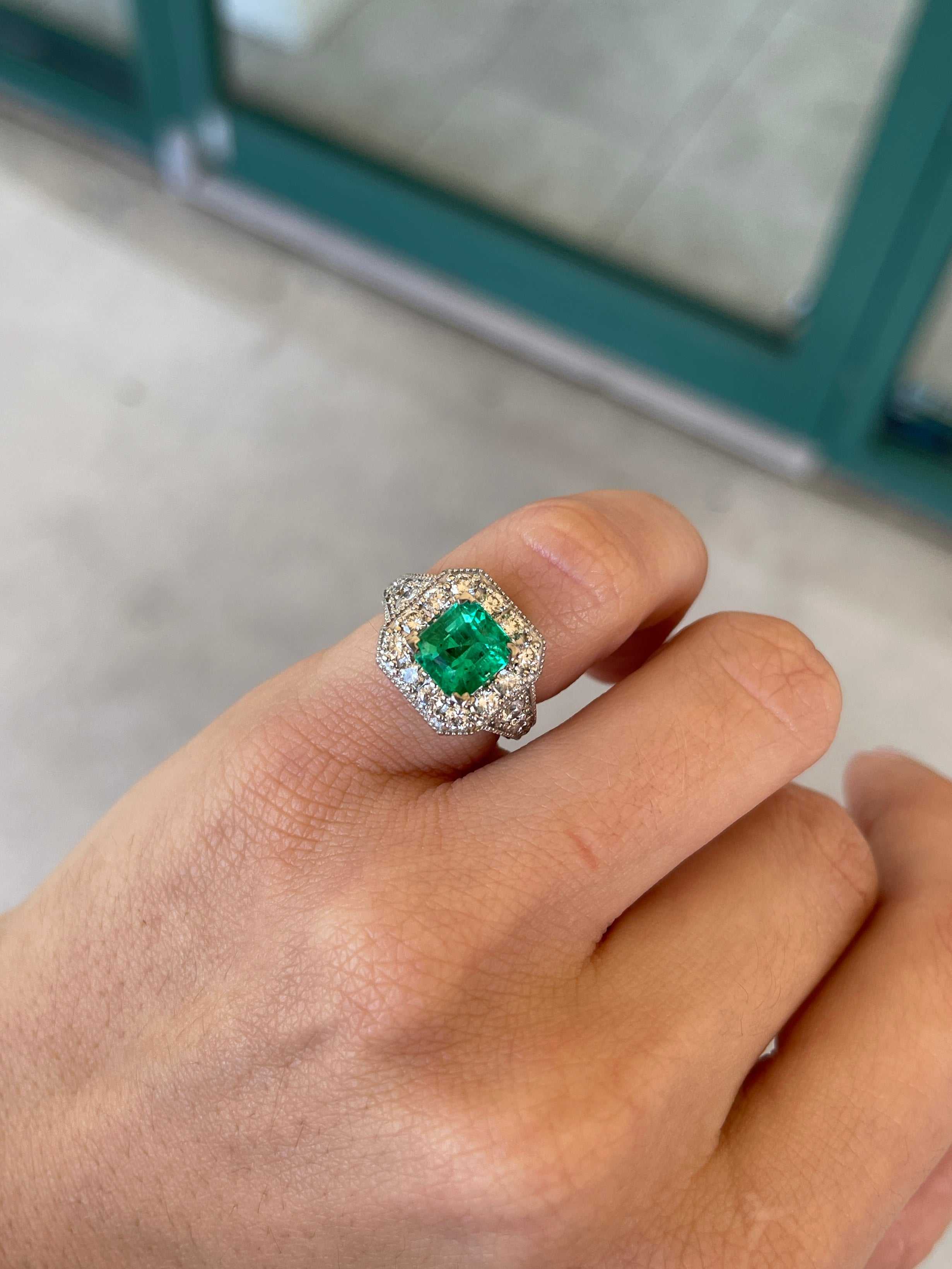 3.08 Carat Total Weight (CTW) 14K White Gold AAA Quality Vivid Green Emerald Cut Diamond Halo Ring for Women - Perfect for Engagement, Wedding, Anniversary & Special Occasions
