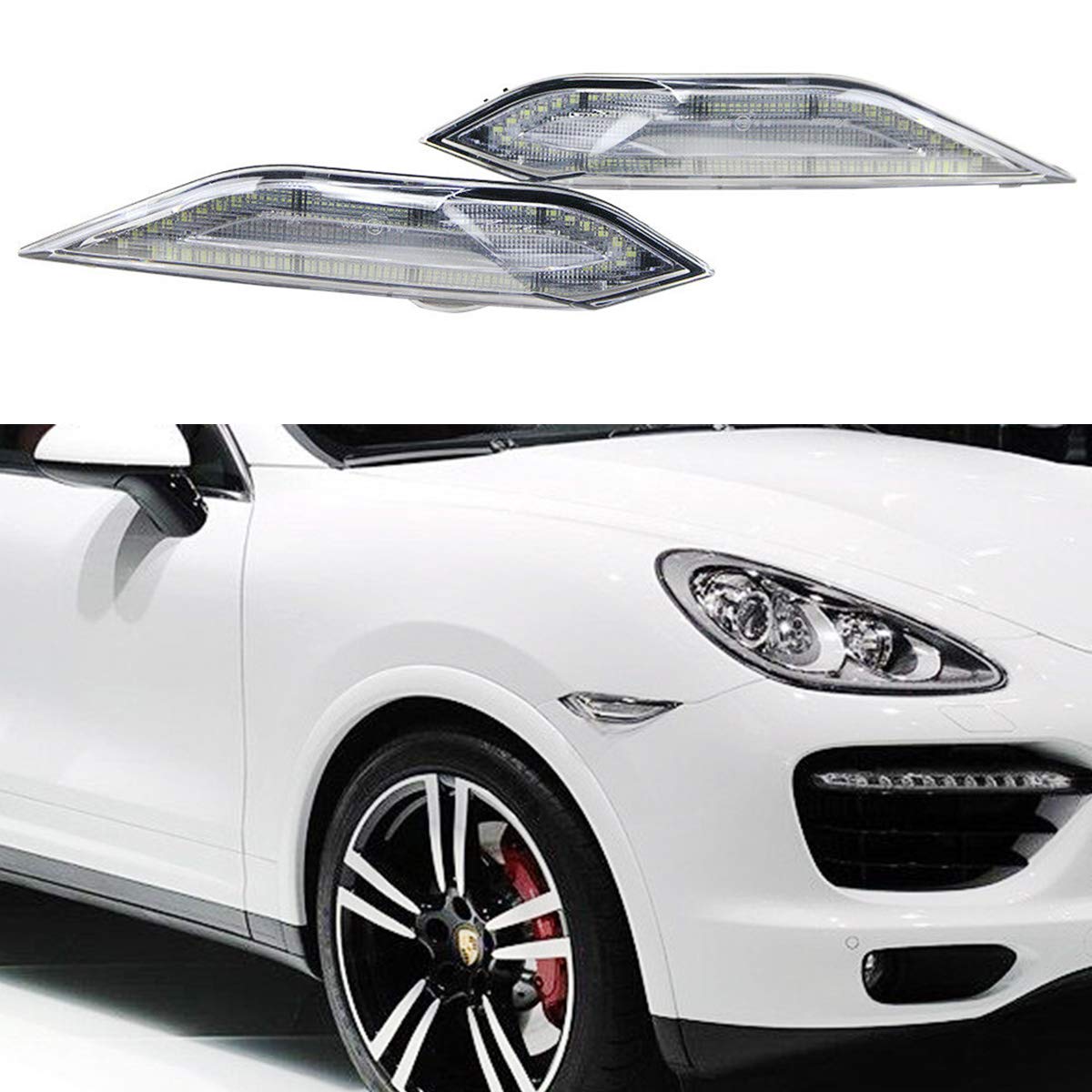 2011-2014 Porsche 958 Cayenne LED Side Marker Lights - Clear Lens Amber Turn Signal & Xenon White Running Lights | Waterproof Durable Replacement for Front Position Lights | Perfect for Night Driving & Car Customization