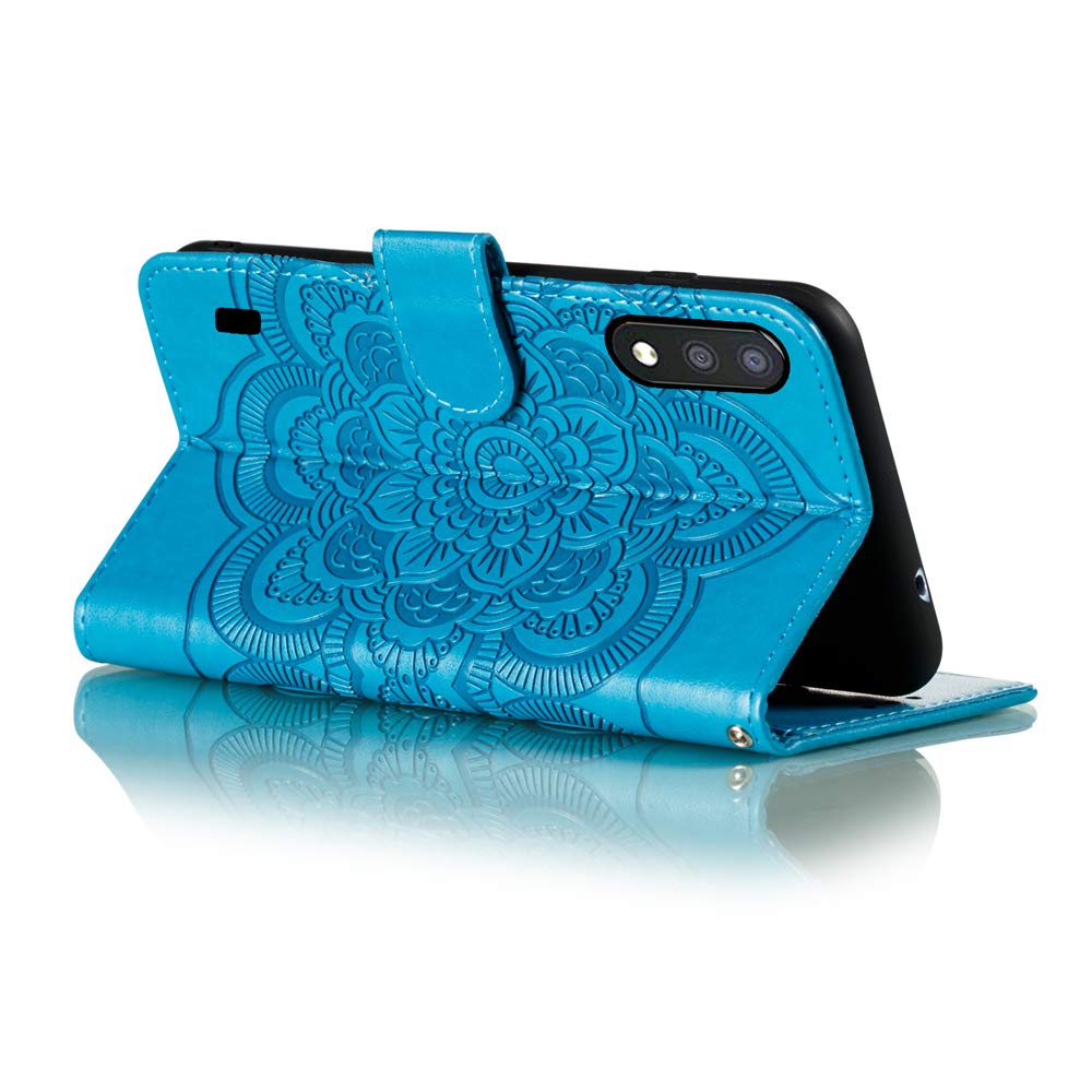 Premium PU Leather Mandala Embossed Flip Wallet Case for Samsung Galaxy A01 - Shockproof Protective Cover with Card Holder & Kickstand (Mandala Blue) - Perfect for Daily Use, Travel, and Business Meetings