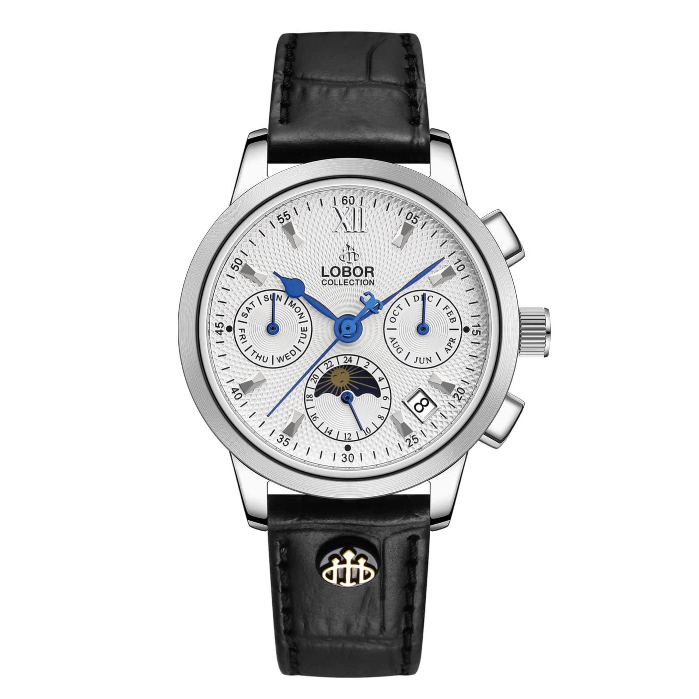 LOBOR 35mm Women's Automatic Watch with Moon Phase, Date, Week & Month Display - Stainless Steel & Leather Band - Elegant Dress Watch for Office, Party & Everyday Wear