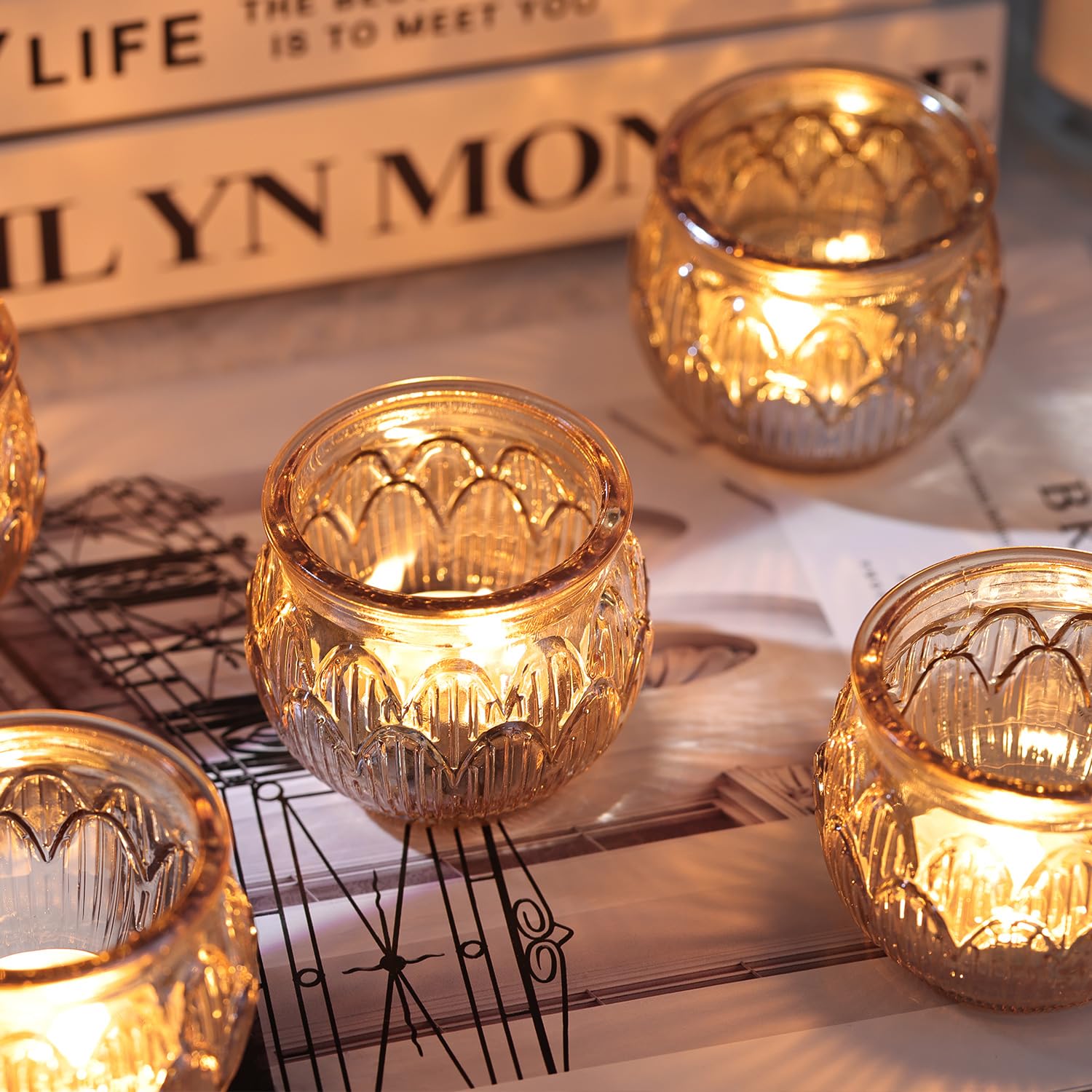 12PCS Gold Glass Tealight Holders - Diwali, Wedding & Christmas Decor for Home & Table Centerpiece