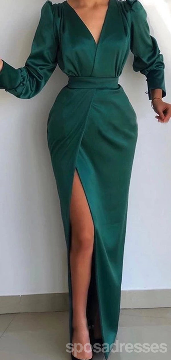 Emerald Green Sheath Prom Dress with Long Sleeves & High Slit - V-Neck Formal Gown for Homecoming, Evening Party & Special Occasions