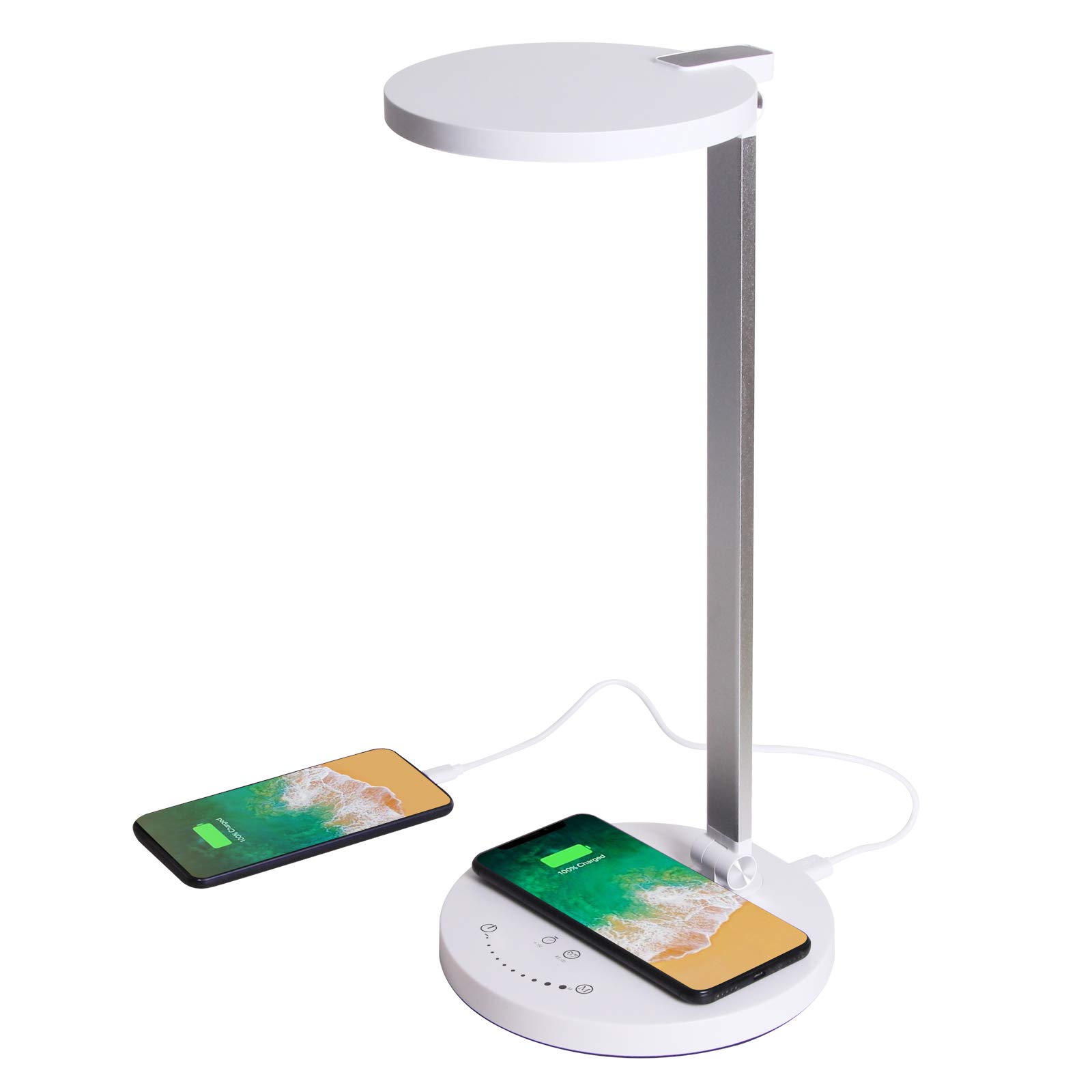 Himigo LED Desk Lamp with Wireless Charger - Dimmable Eye-Caring Table Light, 5 Lighting Modes & 5 Brightness Levels, Touch Control, Memory Function, USB Port, 8W, White - Perfect for Home Office, Study, Reading & Bedside Use