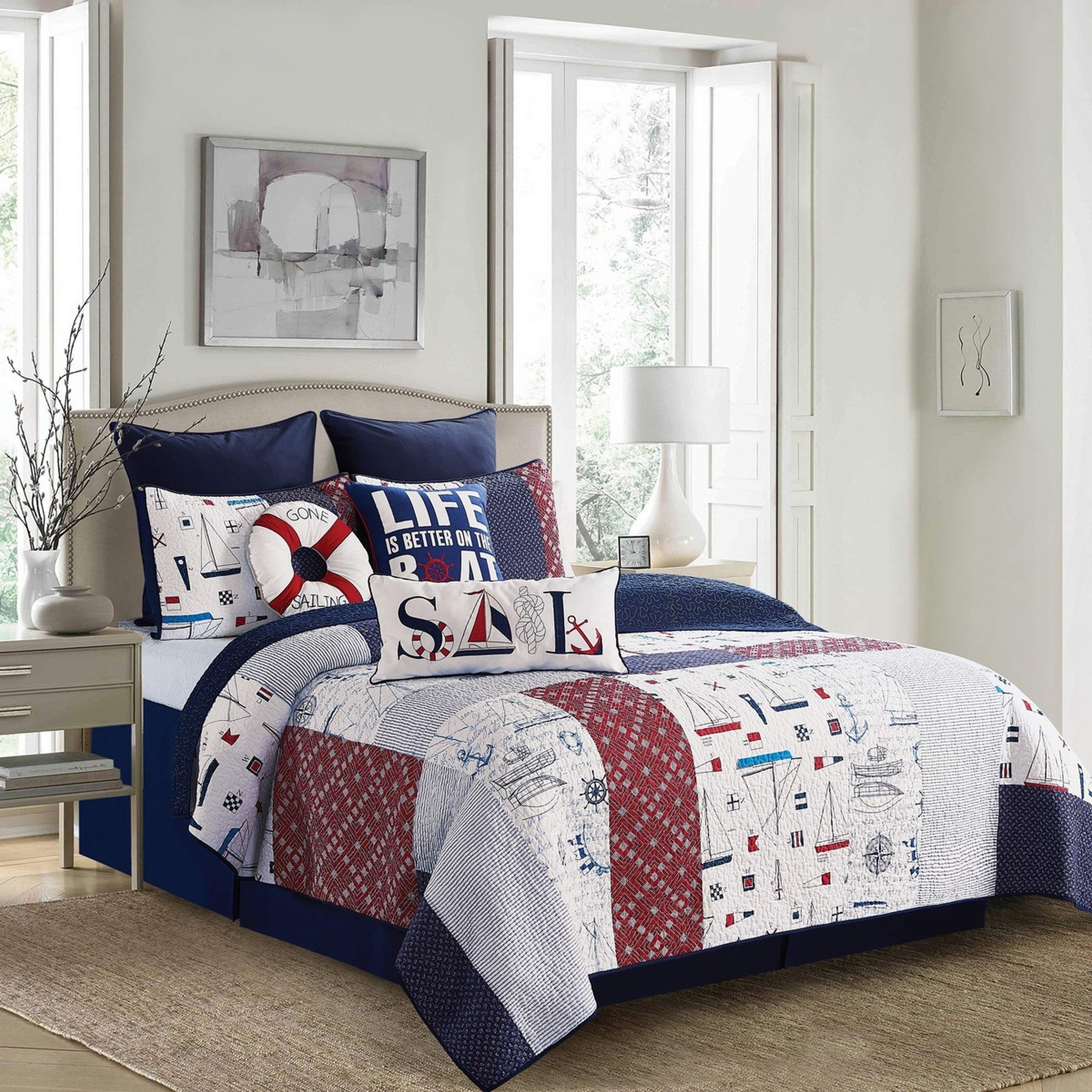 Boomer 2-Piece Nautical Twin Quilt Set - Red, White & Blue Bedding with Matching Sham | Coastal Themed Bedroom Decor for Kids & Teens | Perfect for Summer, Beach Houses & Patriotic Holidays