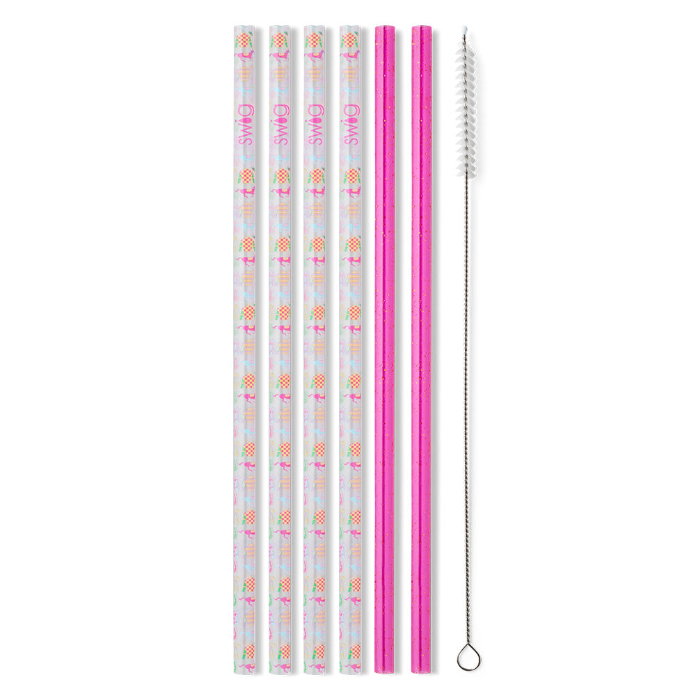 Go Baby Go Reusable Straw Set - 10 Pack Pink Glitter Stainless Steel Drinking Straws for Smoothies, Cocktails & Iced Coffee - Eco-Friendly, BPA-Free, Dishwasher Safe - Perfect for Parties, Travel & Home Use
