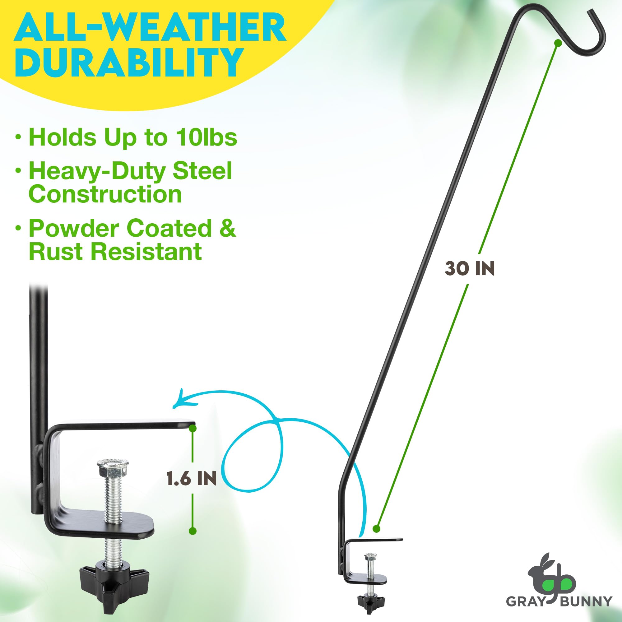 **Gray Bunny Deck Hook 2 Pack - 30 Inch Bird Feeder Pole with Non-Slip Clamp - Perfect for Railings, Feeders, Planters, Suet Baskets, Lanterns & Wind Chimes - Outdoor Garden & Patio Decor**