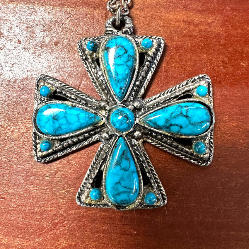 Vintage Silver Tone & Faux Turquoise Maltese Cross Necklace for Women - Gothic Jewelry, Boho Chic Accessory - Perfect for Costume Parties, Renaissance Fairs & Everyday Wear