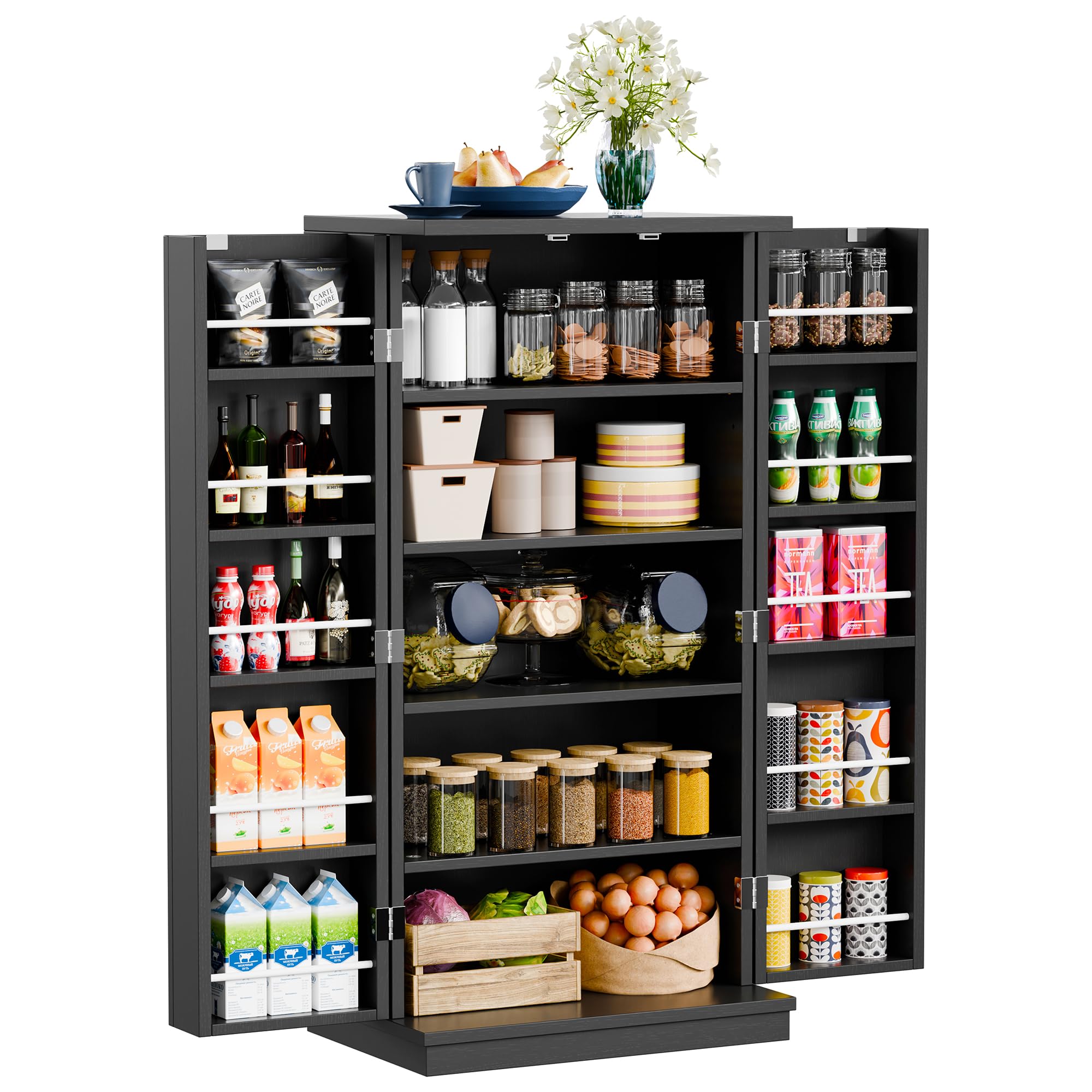 Meilocar 47-Inch Wooden Pantry Cabinet with Adjustable Shelves & Doors - Freestanding Kitchen Storage Cupboard for Pantry, Living Room, Dining Room & Office (Black) | Perfect for Organizing Food, Dishes & Home Essentials