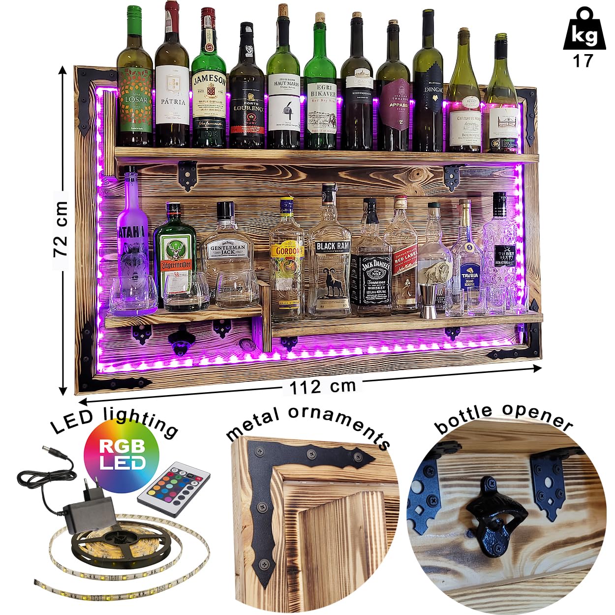 Rustic Wall-Mounted Floating Shelf in Brown Wenge - RGB LED Bar Shelf for Whiskey, Gin, Vodka Display - Perfect for Home Bar, Pub Decor & Rustic Wall Organization