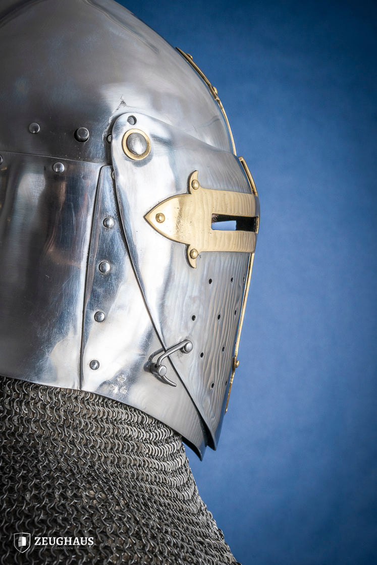 1.6mm Sugar Loaf Helmet with Brass Visor - Medieval Armor for LARP, Cosplay & Historical Reenactment