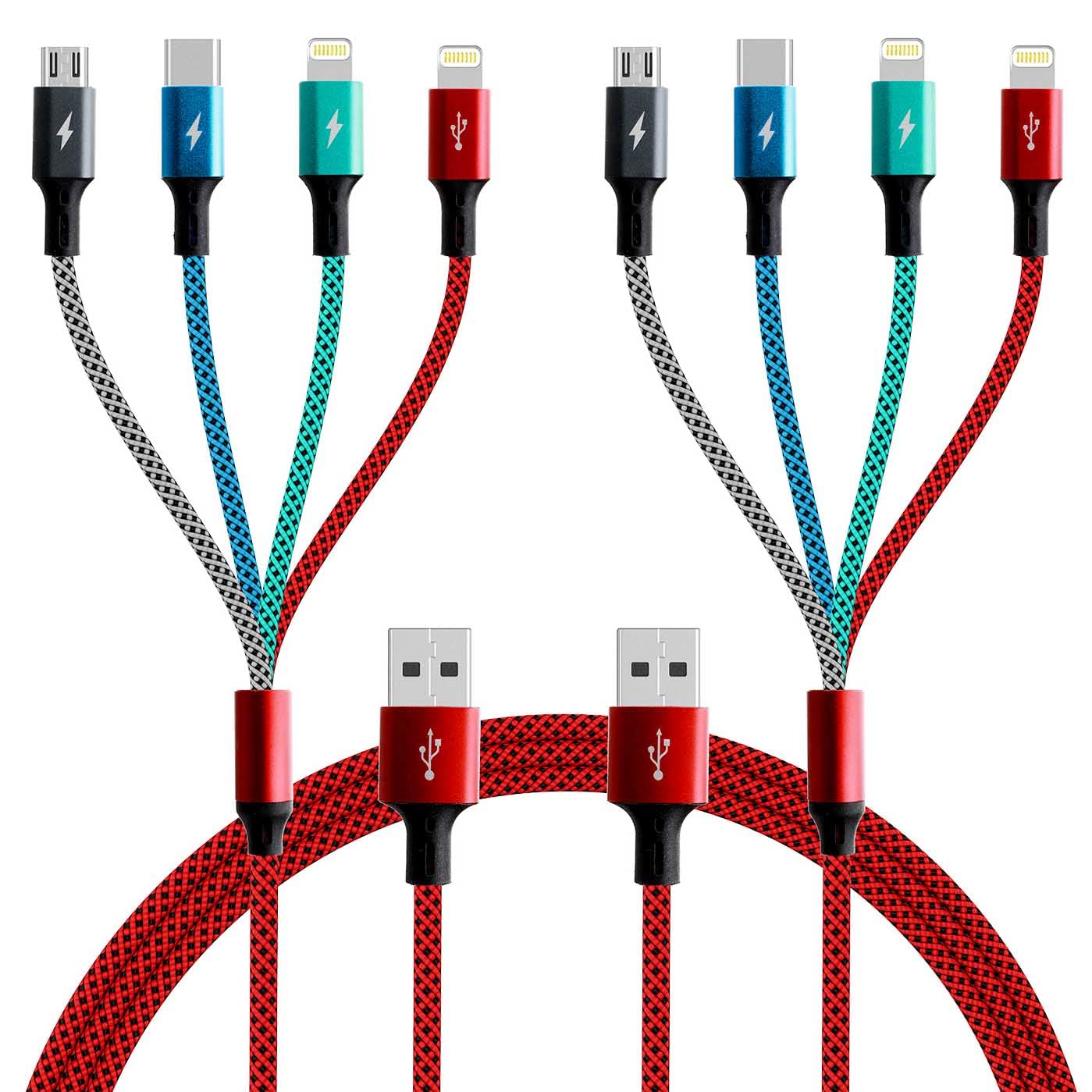 4-in-1 Nylon Braided Multi Charging Cable 4A Fast Charger - USB C/Micro USB/Lightning Ports for iPhone, Android, iPad, Tablet, PS4 - 6Ft Durable Charging Cord (2-Pack) - Perfect for Travel, Home & Office Use