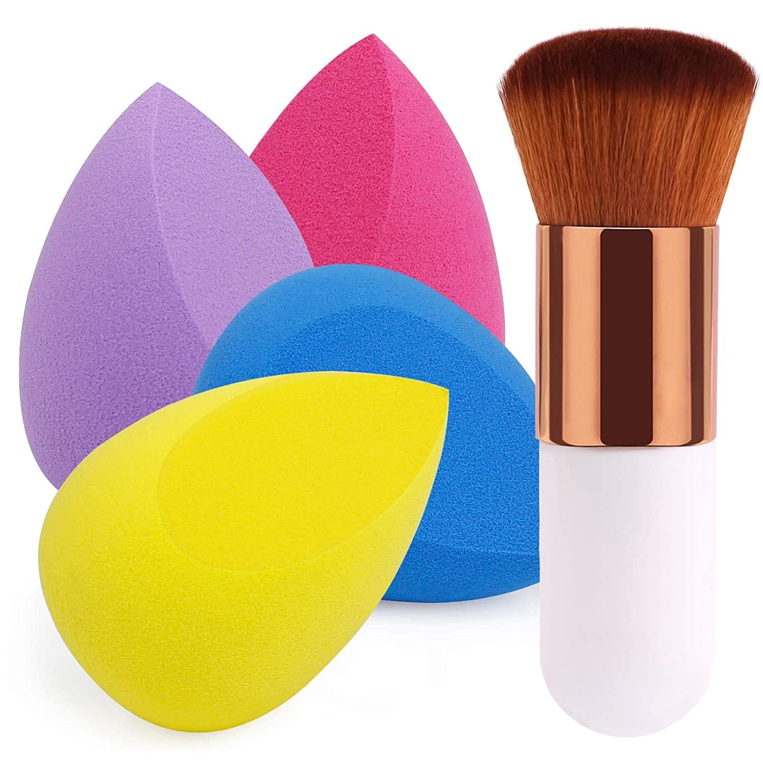 4+1Pcs Sloane Makeup Sponges Set with Kabuki Powder Brush - Professional Foundation Blending Sponge for Liquid, Cream & Powder - Perfect for Daily Makeup, Contouring & On-the-Go Touch Ups