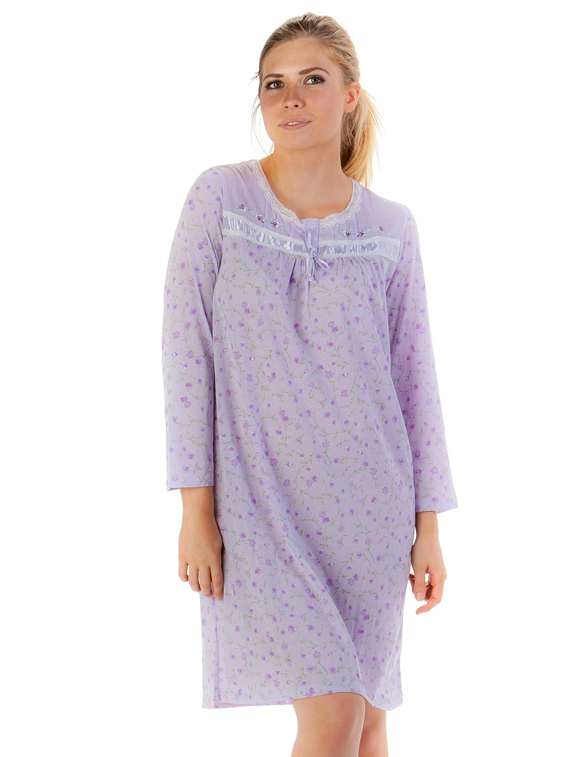Women's Soft Cotton Blend Long Sleeve Nightgown - Comfortable Henley Sleep Shirt for Relaxing at Home, Lounging & Cozy Evenings