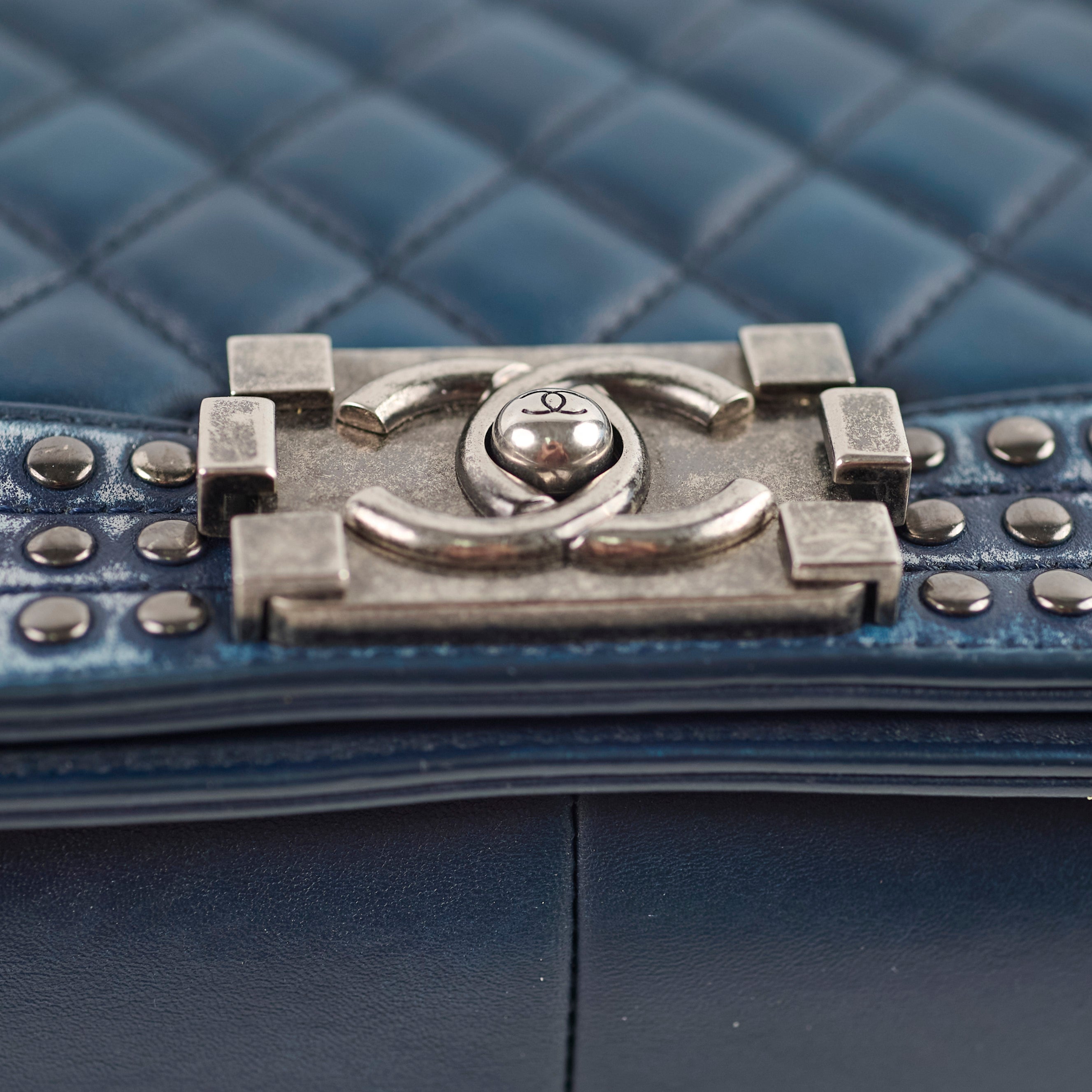 Chanel Old Medium Boy Bag in Navy with Studded Details - Luxury Crossbody Bag for Women, Perfect for Parties & Evening Events