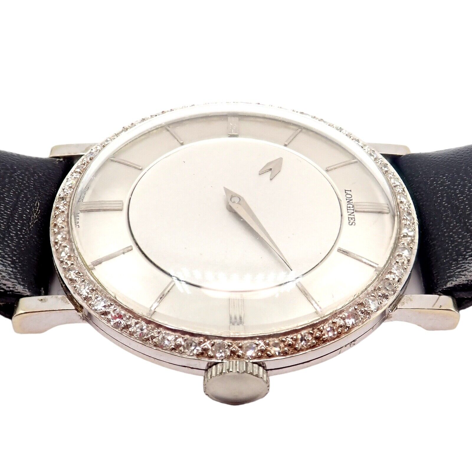 Vintage Longines 18k White Gold Diamond Bezel Manual Wind Mystery Dial Watch - Luxury Classic Timepiece for Formal Events & Special Occasions