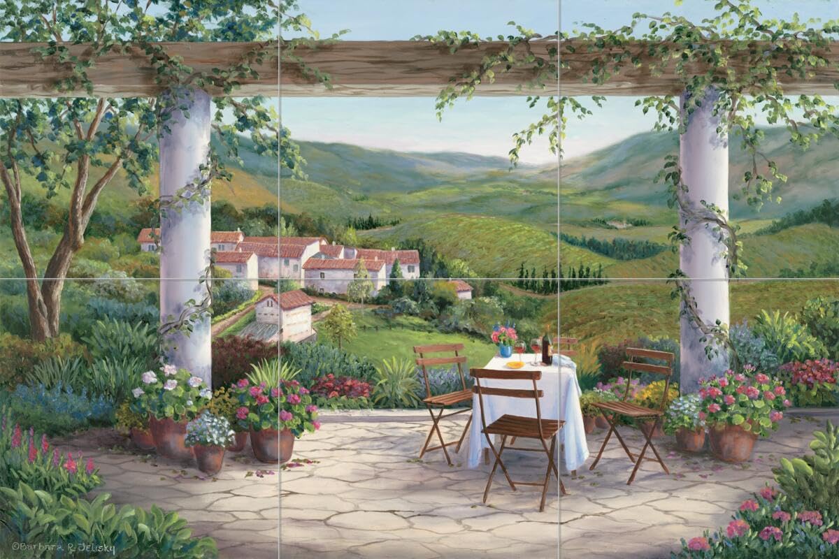 Hand-Painted Ceramic Backsplash Tile Mural - Tuscan Vineyard Landscape Art for Kitchen & Bathroom Decor | Afternoon in The Vine by Barbara Felisky | Perfect for Farmhouse, Mediterranean & Italian-Themed Home Interiors