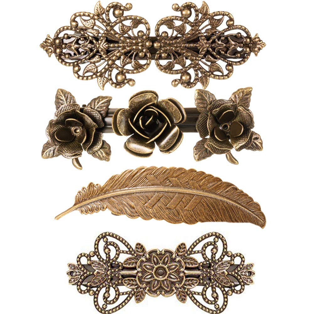 Vintage French Hair Barrettes - 4Pcs Rose Flower Feather Clips for Women, Perfect for Weddings & Parties