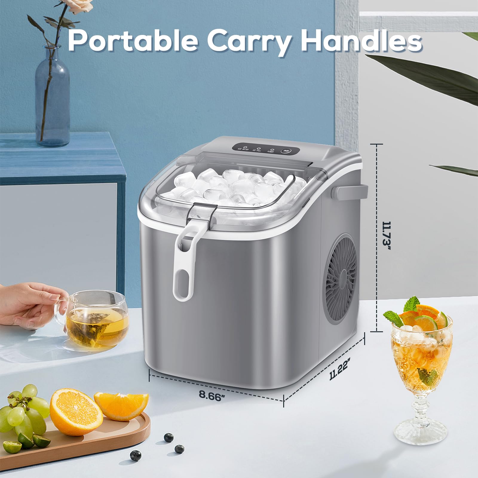 ZAFRO Portable Countertop Ice Maker Machine - 26 lbs Daily, 9 Cubes in 6 Mins, Self-Cleaning with Ice Basket & Scoop - Compact Ice Machine for Home Kitchen, Office, RV, Camping & Outdoor Parties (Grey)