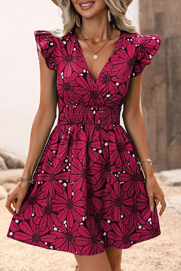 Floral Print Ruffle Sleeve Mini Dress with Elastic Waist - Perfect for Weekend Outings, Brunch Dates & Summer Vacations
