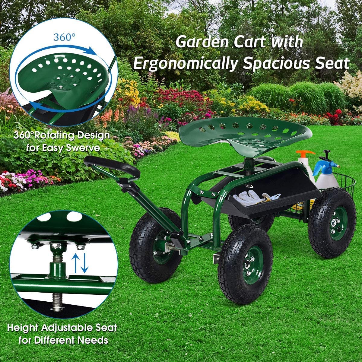 **GRAFFY Heavy Duty Garden Cart with Wheels - Rolling Gardening Stool with Tray & Basket, Adjustable Seat & Handle - Mobile Work Seat for Lawn, Patio & Yard Work - Perfect for Planting, Weeding & Outdoor Chores**