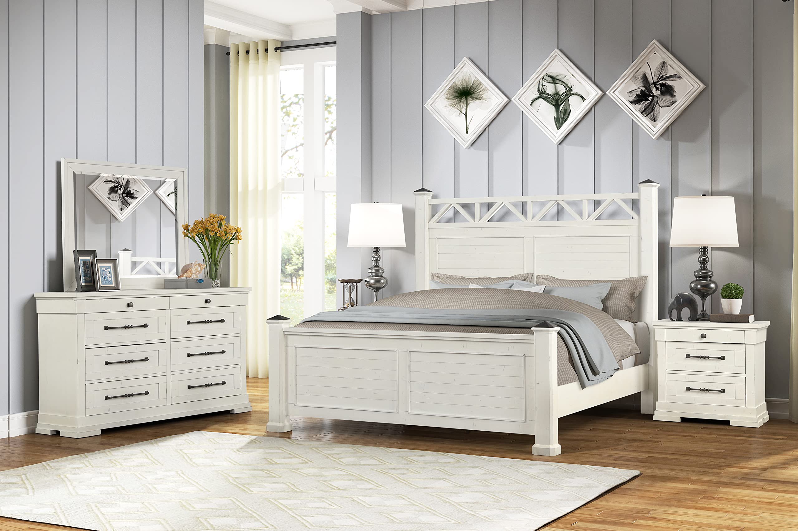 Roundhill Furniture Laria Wood Panel King Bed Set with Dresser, Mirror & Nightstands - Antique White Finish - Perfect for Master Bedroom & Guest Room Decor