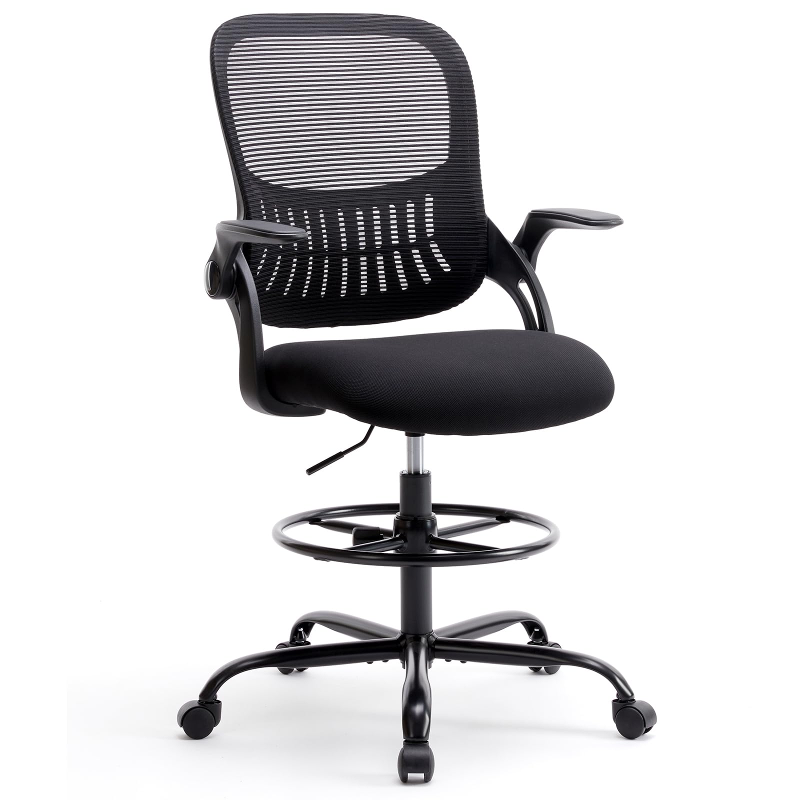 Ergonomic Adjustable Height Drafting Stool - Tall Office Chair with Lumbar Support, Flip-Up Arms & Footrest for Standing Desks, Computer Work & Home Office Use