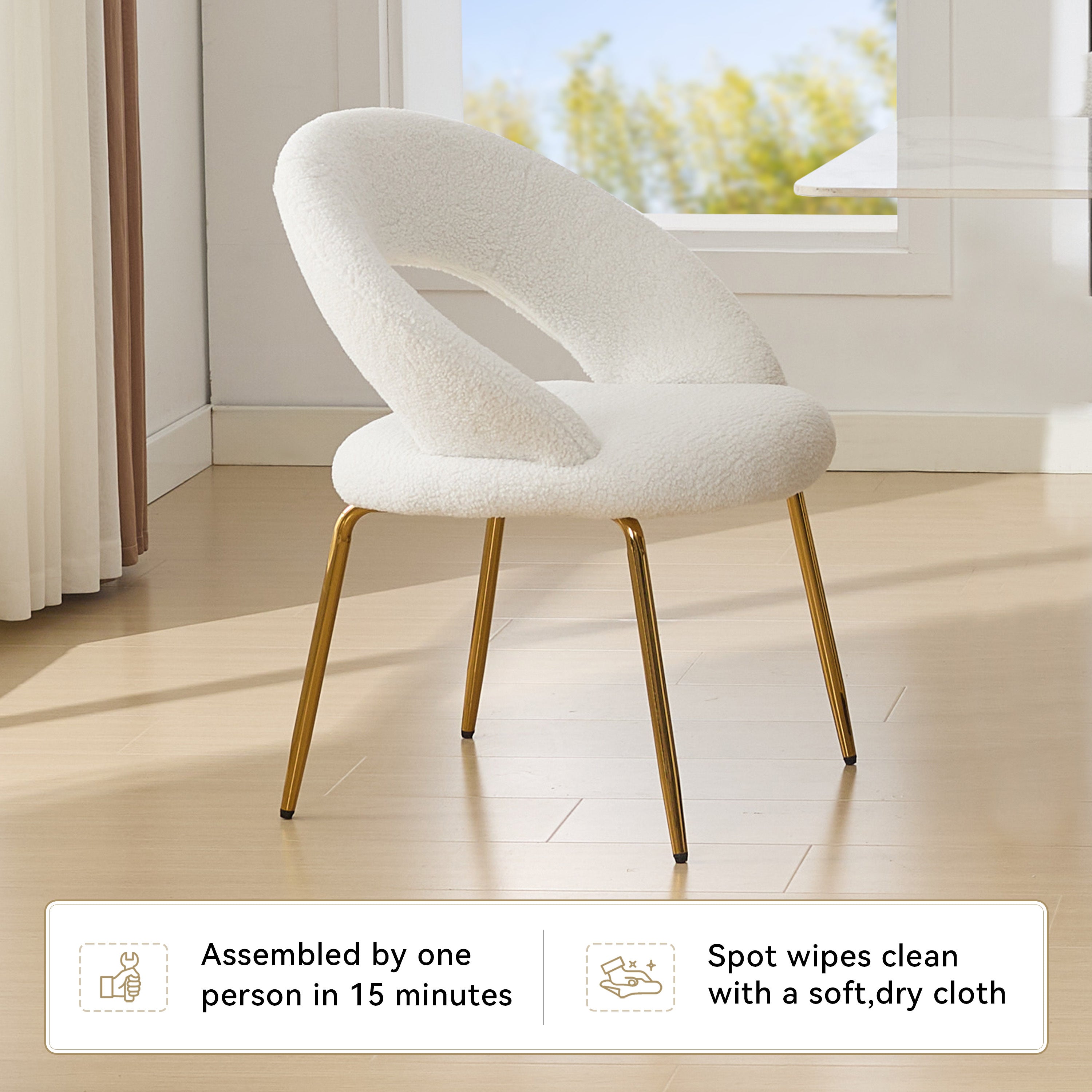 061 Set of 1 White Teddy Fabric Dining Chairs with Curved Backrest and Golden Metal Legs - Elegant Kitchen & Dining Room Seating for Home, Restaurant, or Cafe Use