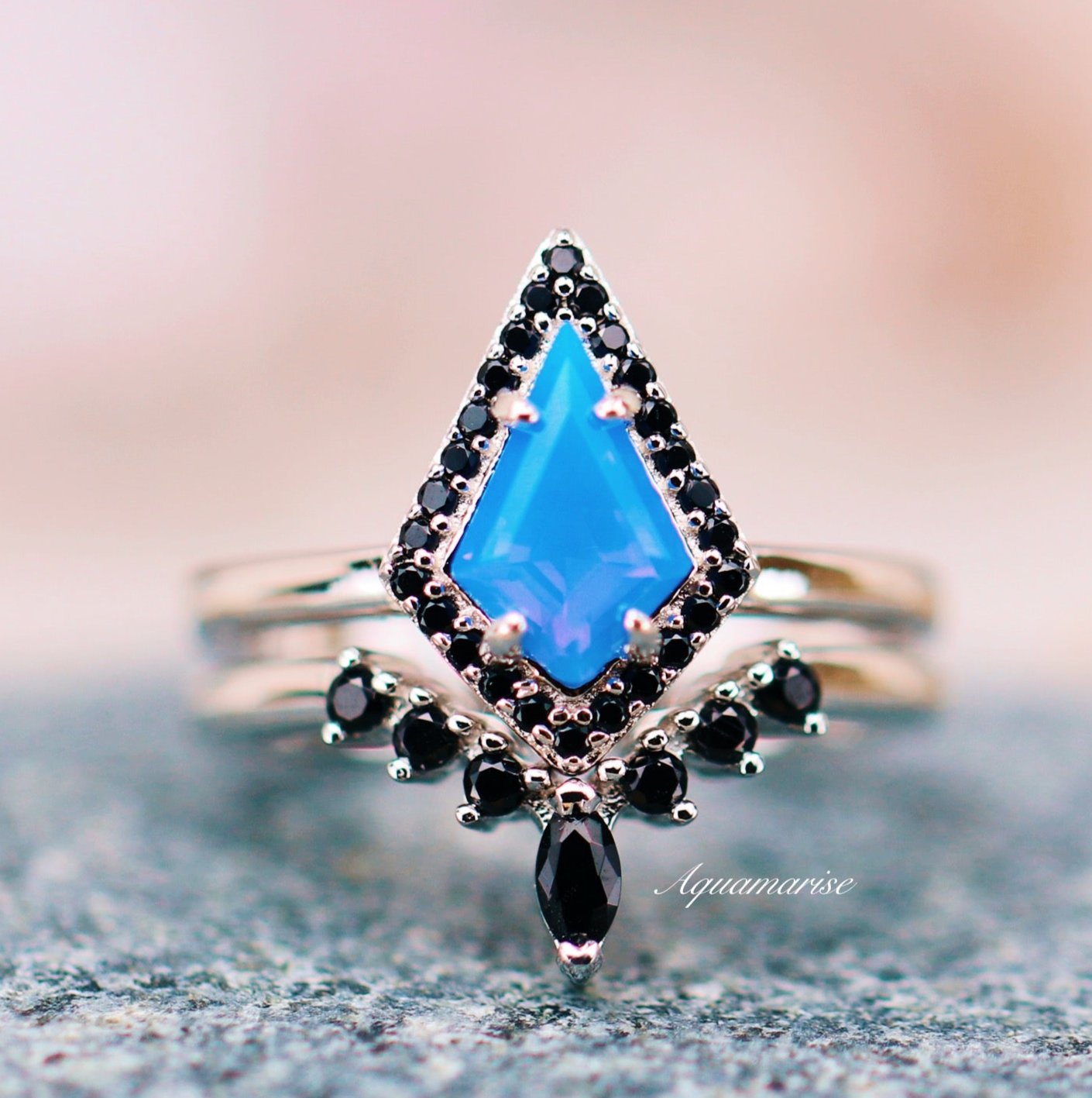 Opalescent Blue Sapphire & Black Onyx Sterling Silver Ring Set for Women - Elegant Stackable Rings for Wedding, Anniversary, Gift & Everyday Wear