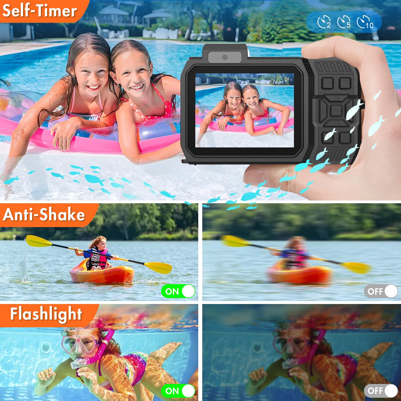 Omzer 48MP Waterproof Digital Camera - IP68 Underwater Camera 33FT, 4K Autofocus HD Dual Screen Selfie, 18X Zoom Compact Point and Shoot Video Camera for Kids - Perfect for Snorkeling, Travel & Outdoor Adventures