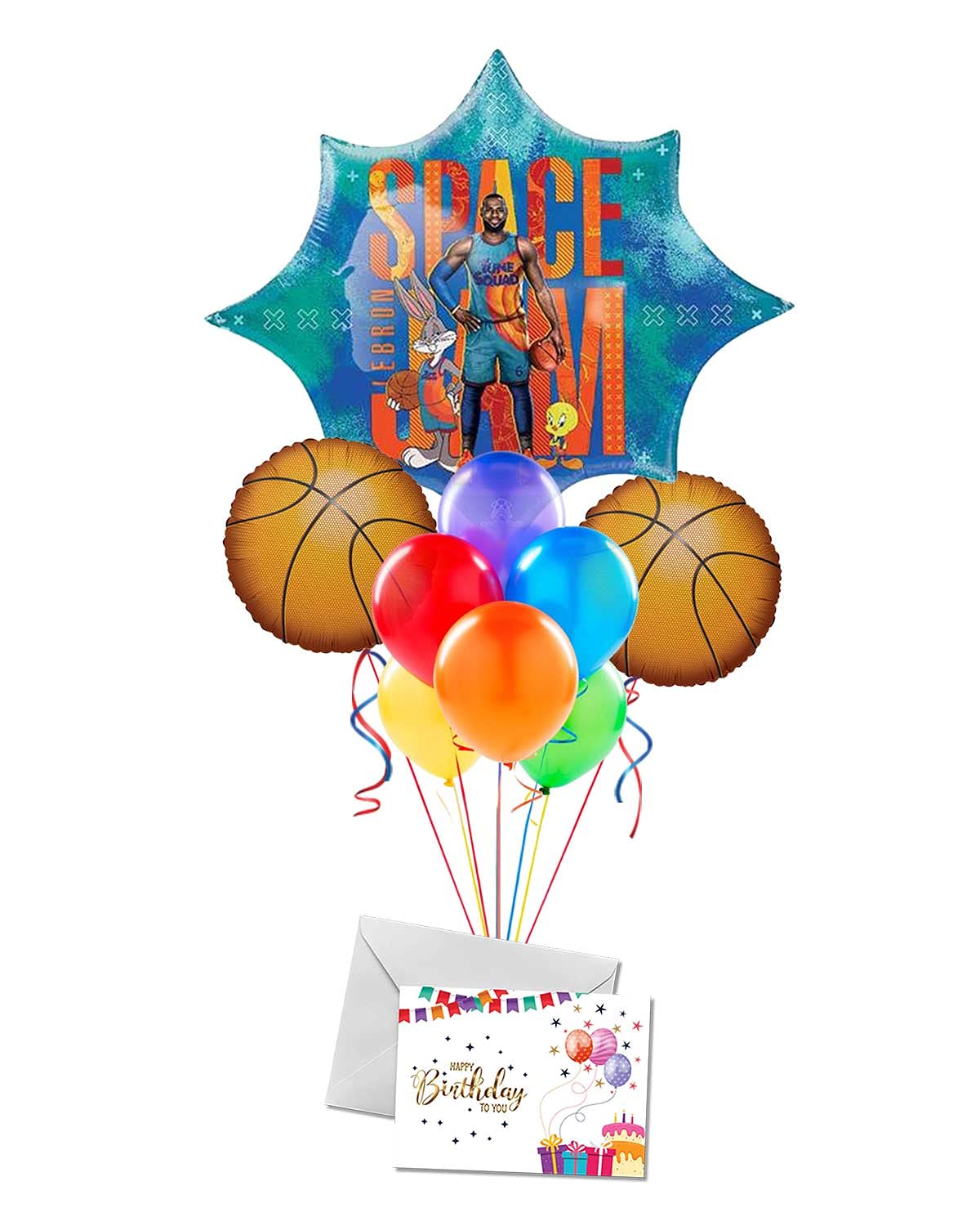 Space Jam Happy Birthday Basketball Balloon Bouquet - NBA Party Decorations for Birthday Celebrations, Sports Themed Events & Game Room Decor