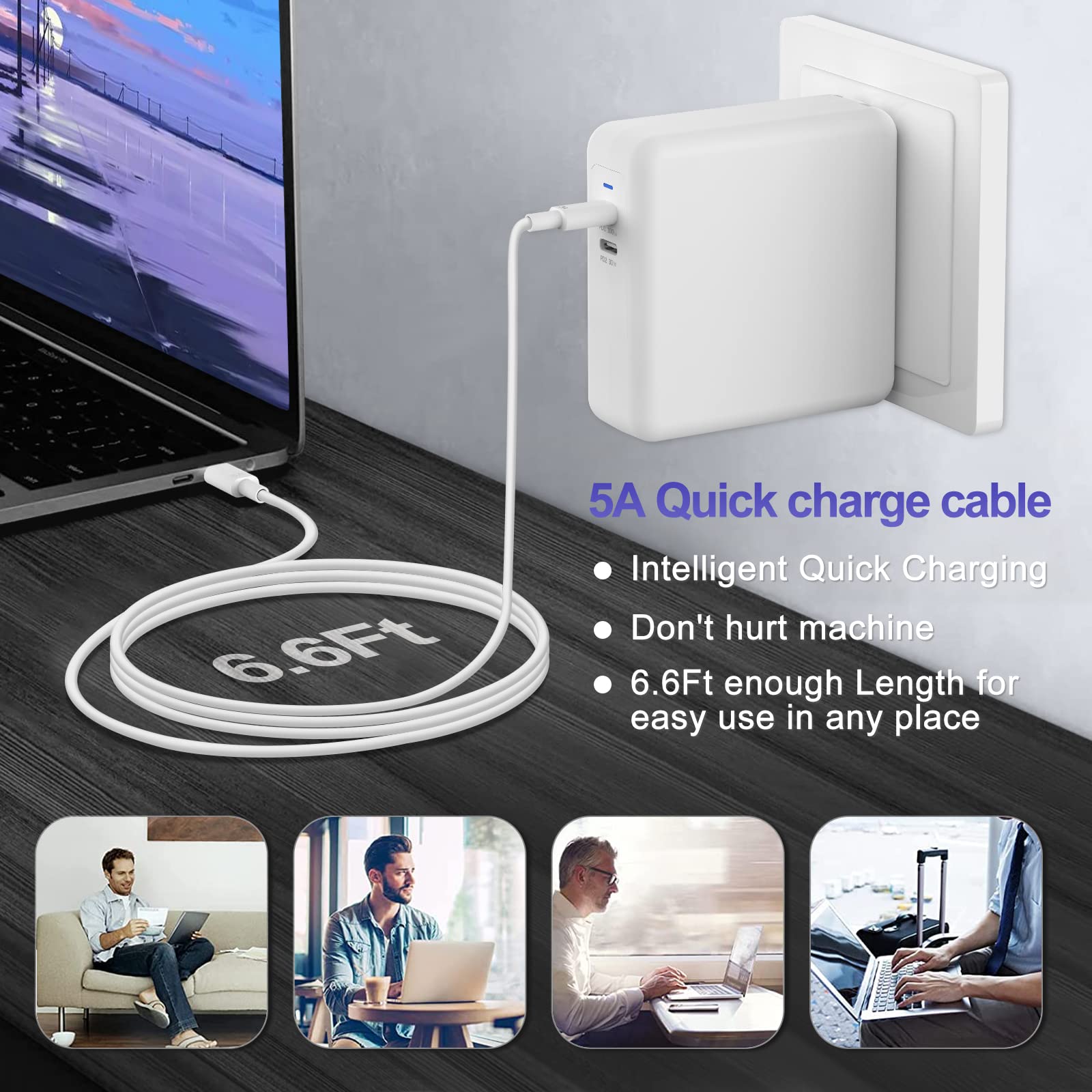 130W Dual USB C Charger for MacBook Pro 16/15/14/13 & MacBook Air M1/M2 - Fast Charging Compatible with iPad Pro/Air, iPhone 14/13/Pro/Max, Galaxy S22 Ultra/S22 [6.6ft Cable Included] - Perfect for Home, Office & Travel Use