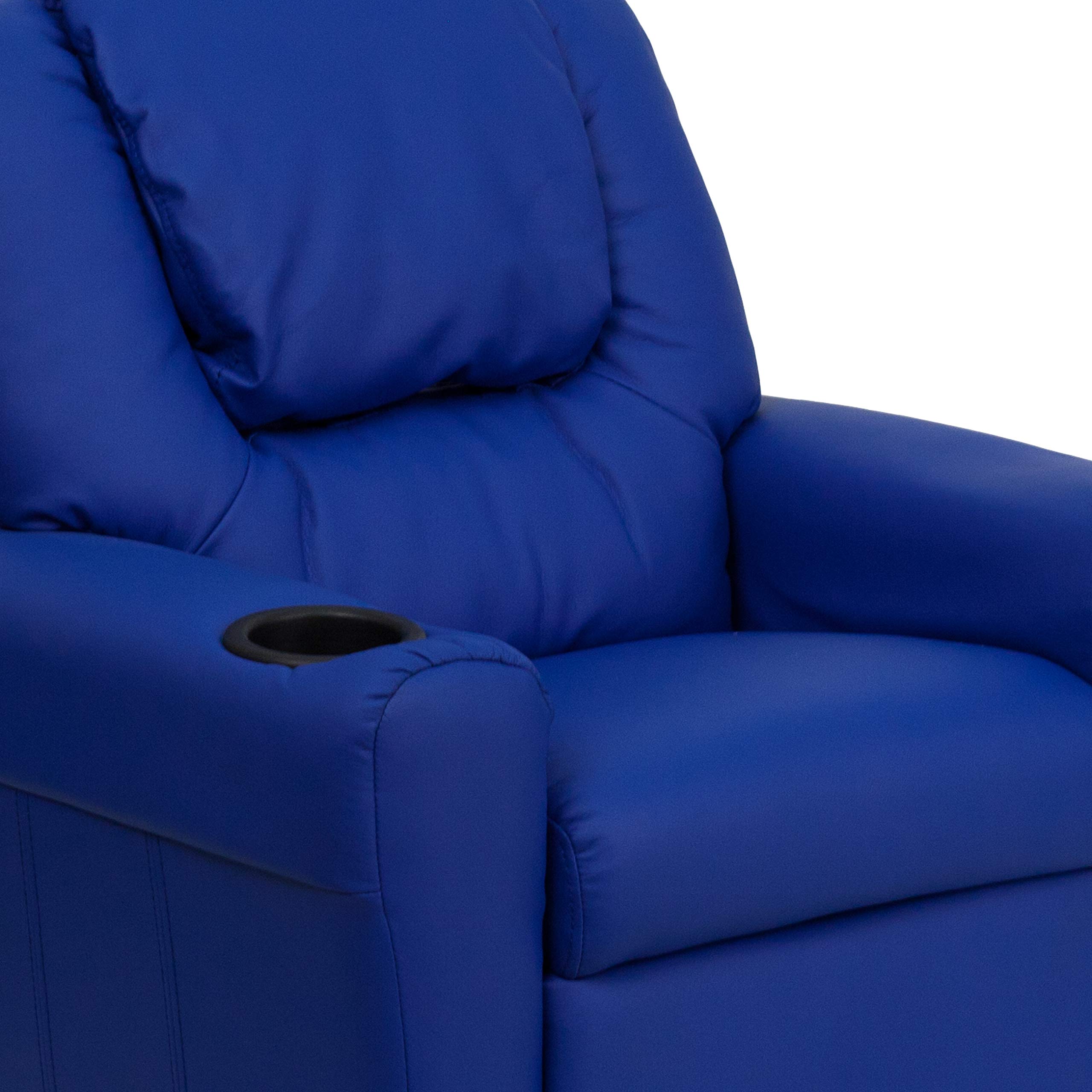 Blue Vinyl Kids Recliner Chair with Cup Holder & Headrest - Comfortable Children's Lounge Chair for Playroom, Bedroom or TV Watching