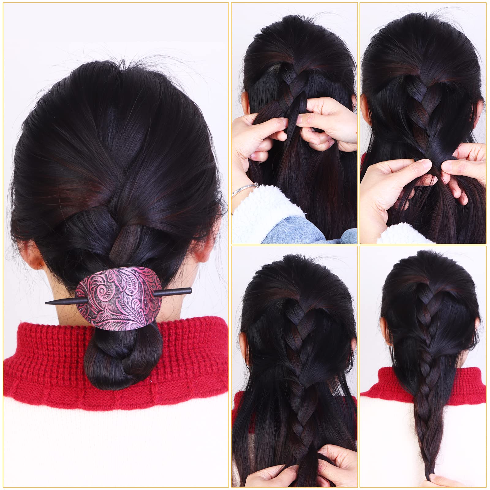 6 Pieces Leather Hair Barrettes with Stick Hair Accessories - Ponytail Clips, Hair Sticks & Pins for Women's Long Hair | Perfect for Weddings, Parties & Everyday Styling