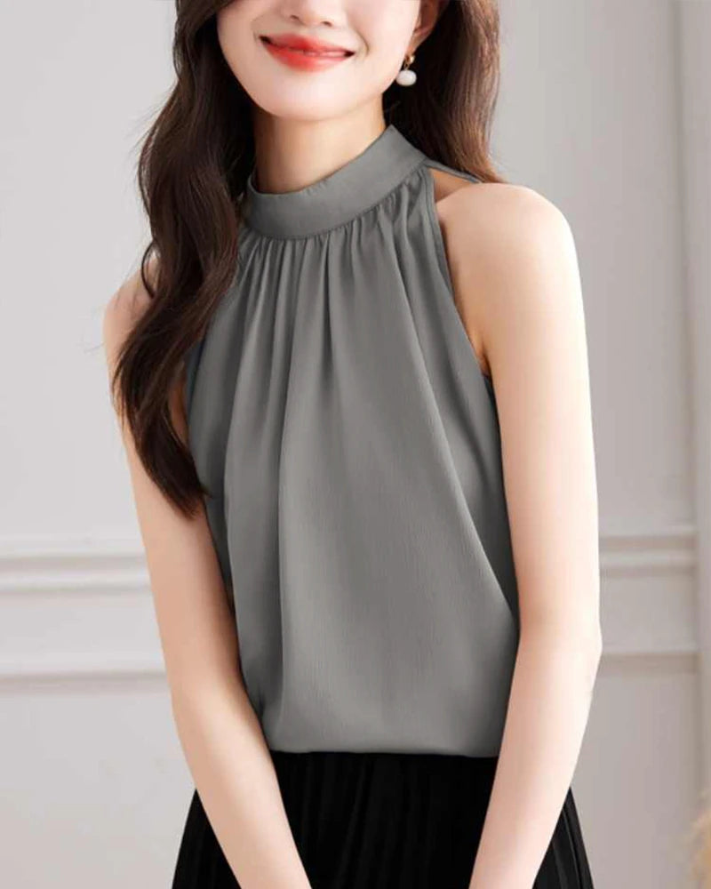Elegant Mock Neck Sleeveless Silk Blouse for Women - Luxury Breathable Summer Top for Office, Party & Special Occasions