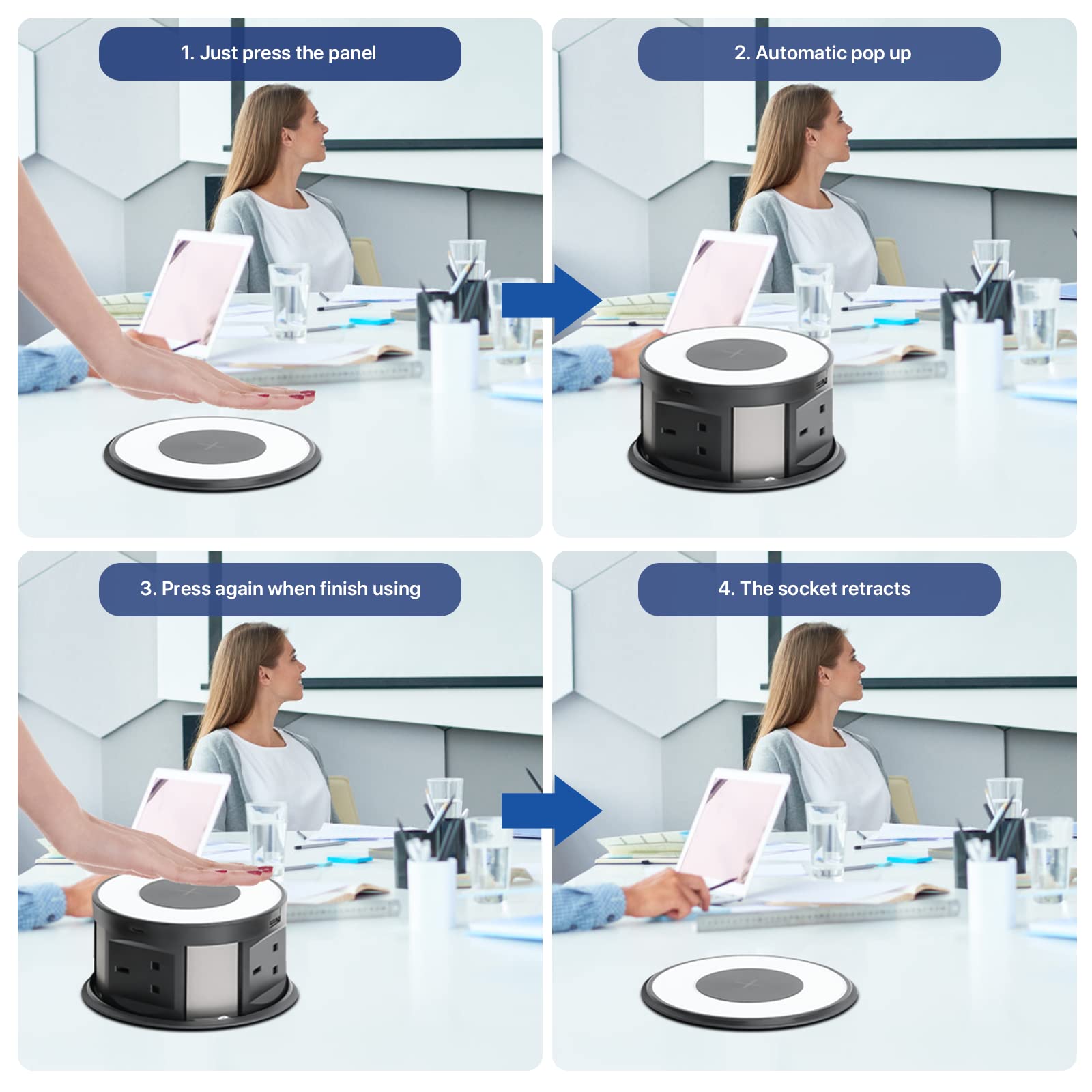Automatic Pop Up Power Socket - 13A 4 Gang Outlet with 2 USB C & 2 USB A Ports + QI Wireless Charger - 3m Extension Cable for Kitchen Countertops, Office Desks & Workstations (Black) | Perfect for Home, Office & Commercial Spaces