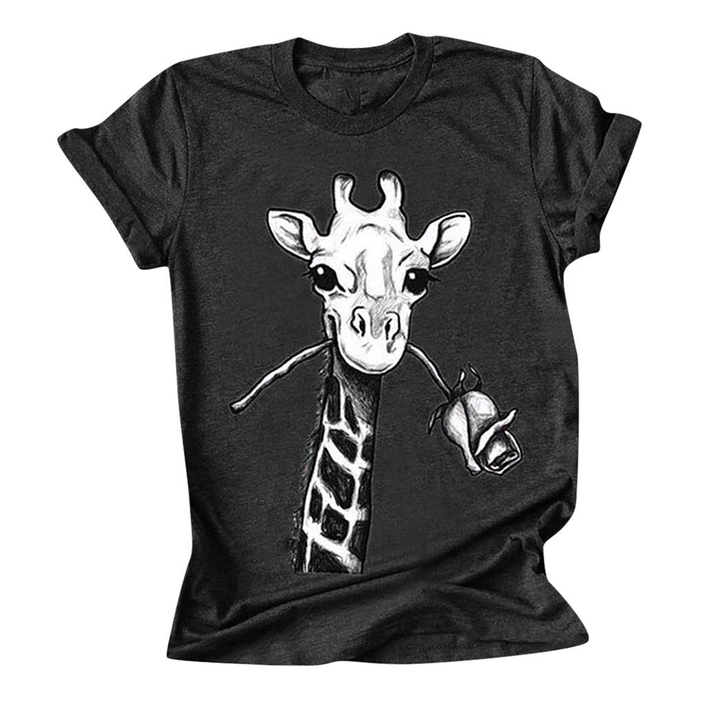 Women's 3D Giraffe Rose Graphic T-Shirt - Cute Animal Print Short Sleeve Blouse for Summer Casual Wear | Perfect for Beach Outings, Date Nights & Street Style Fashion