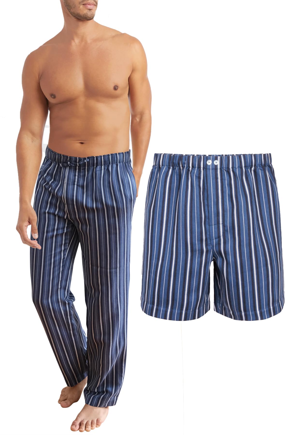 Premium Men's Woven Striped Sleep & Lounge Pajama Pants with Side Pockets - European Crafted Cotton Boxer Shorts Set for Home Relaxation & Nightwear Comfort